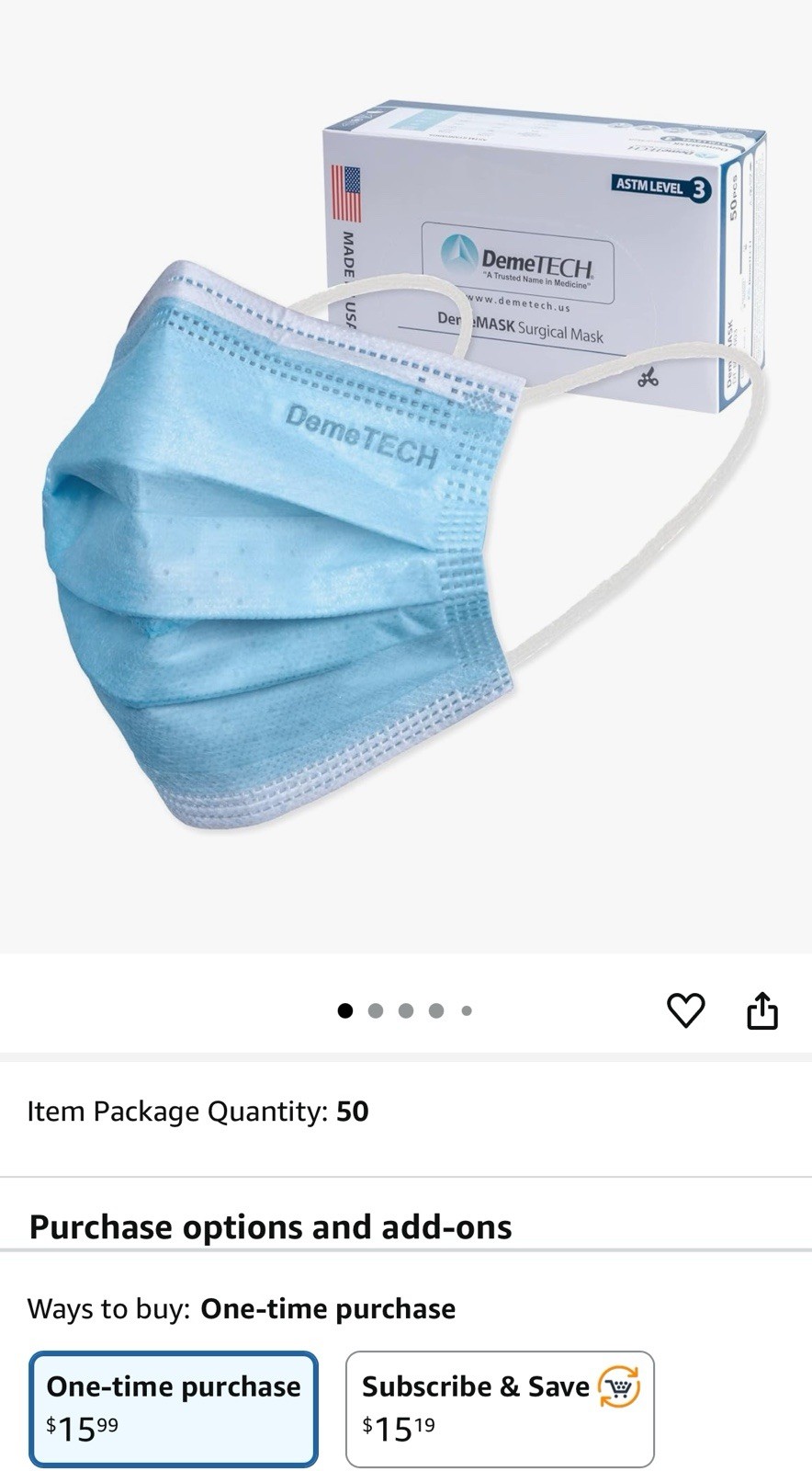 DEMETECH ASTM Level 3, 5 packs of 50, 3 Layer Face Mask W/Ear Loops, Made in USA