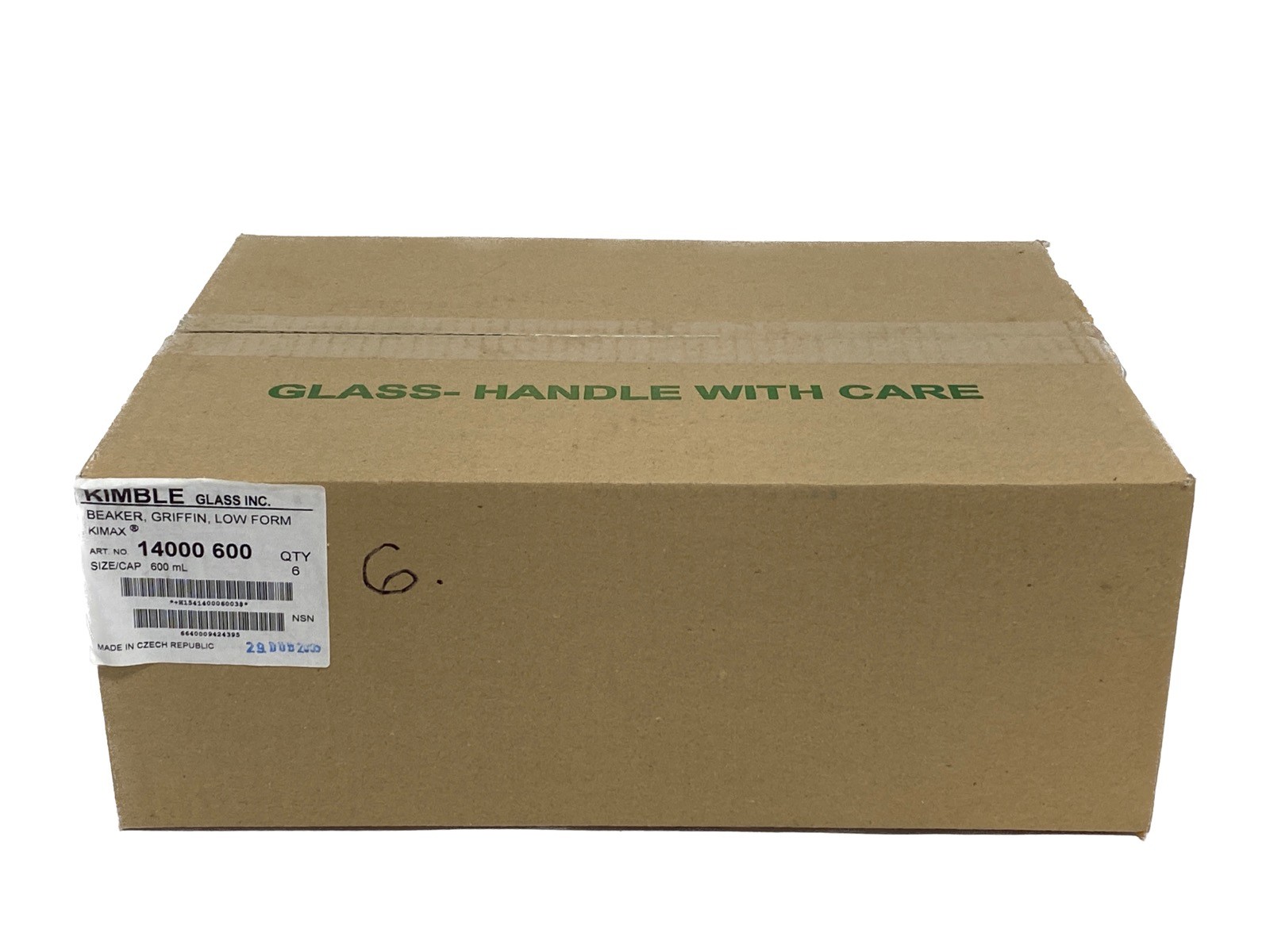 New (6/Pk) KIMAX Glass 600mL Graduated Low Form Griffin Beakers 14000-600
