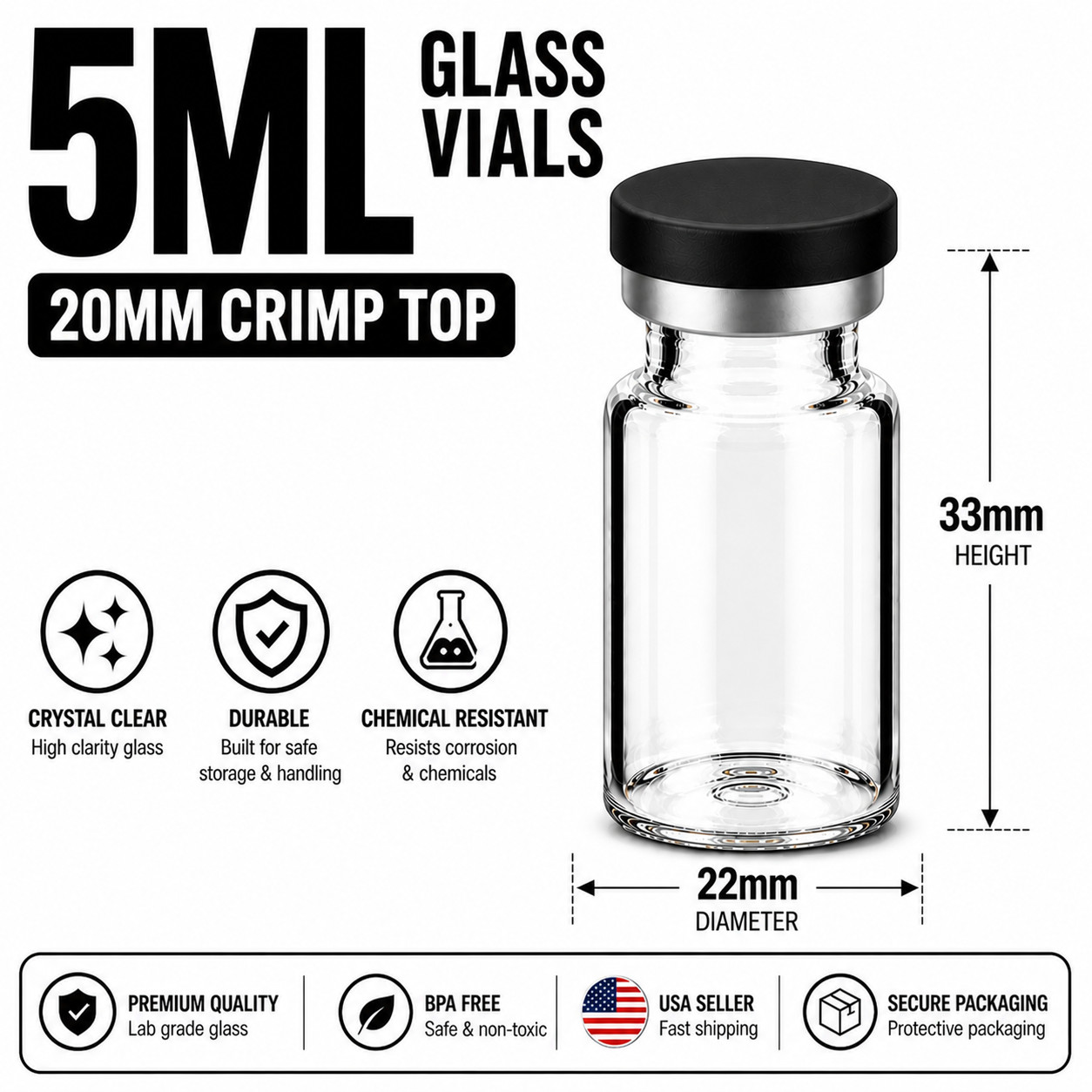 5ml Glass Vials 20mm Crimp Top w/ Rubber Plugs & Flip Off Caps Serum Lab Vials