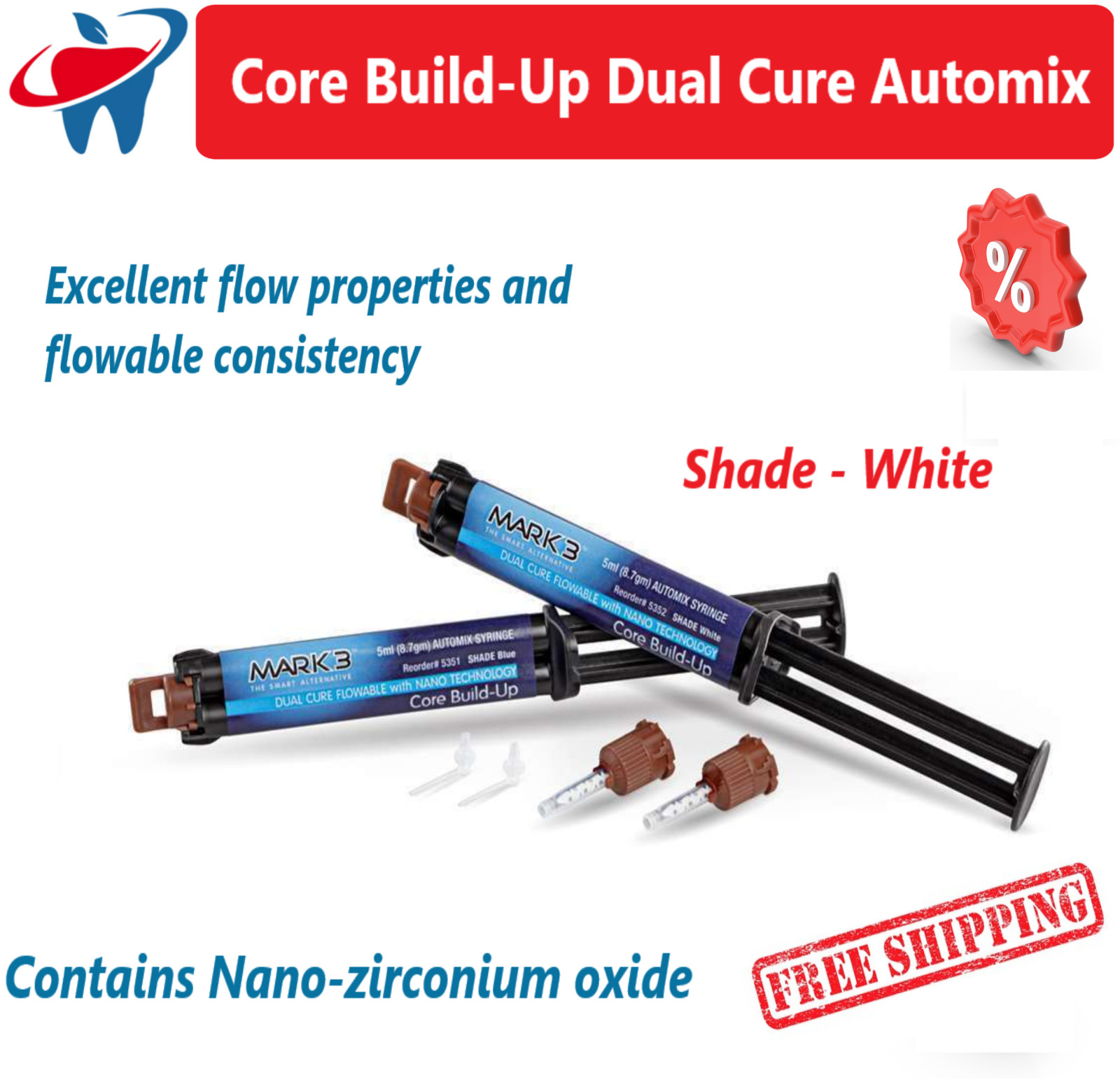 Dental Core Build-Up Dual Cure Dual Automix White 2 x 5ml (8.7gm) Syrs + 10 Tips