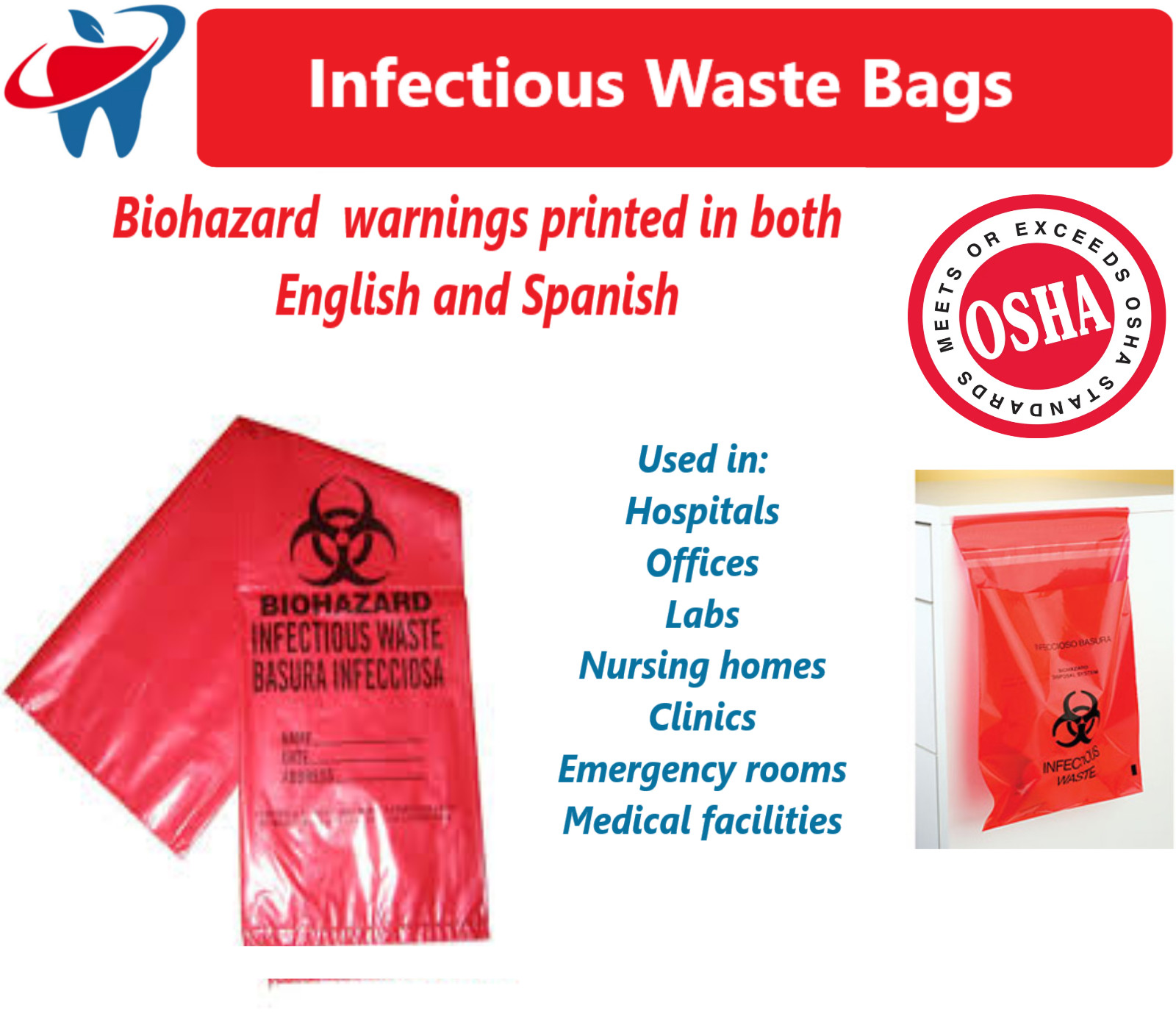 BIOHAZARD Infectious Waste Bags Red Adhesive Bag, Meets OSHA requirement