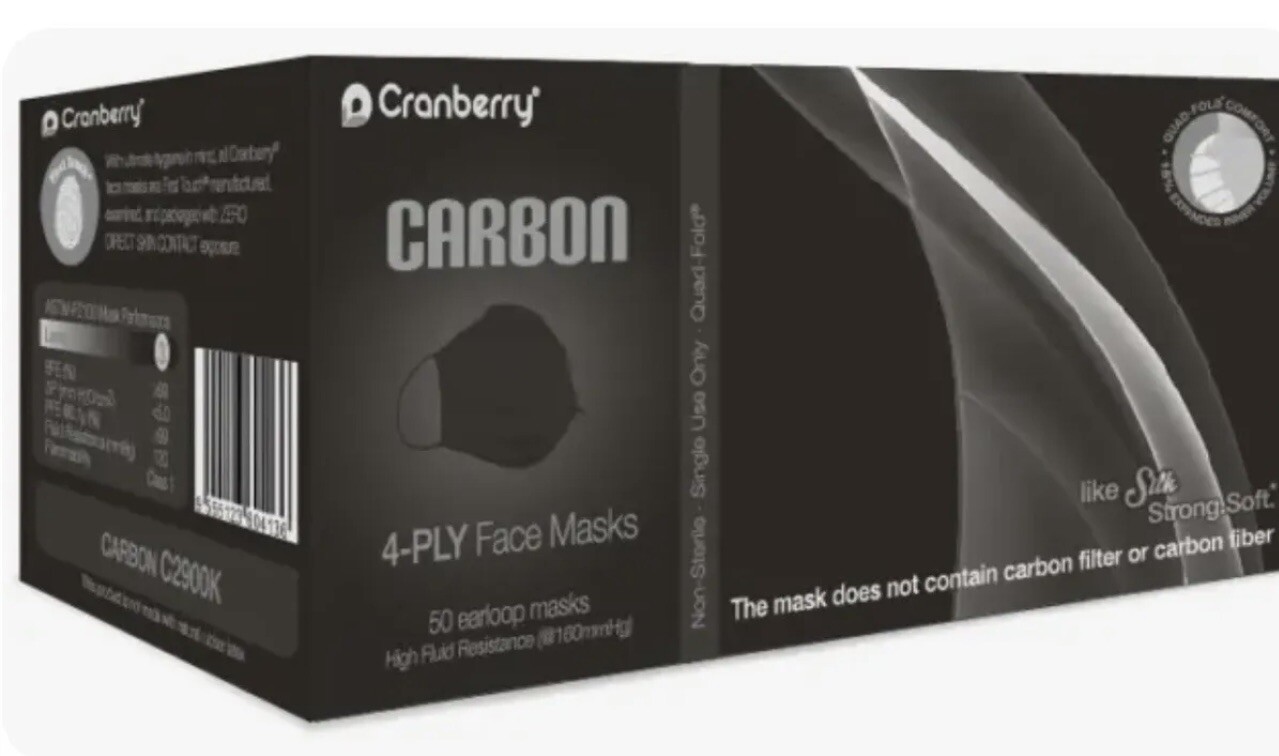 4 boxes x 50 Masks of Cranberry Carbon 4-PLY Face Mask Level3, Black, C2900K