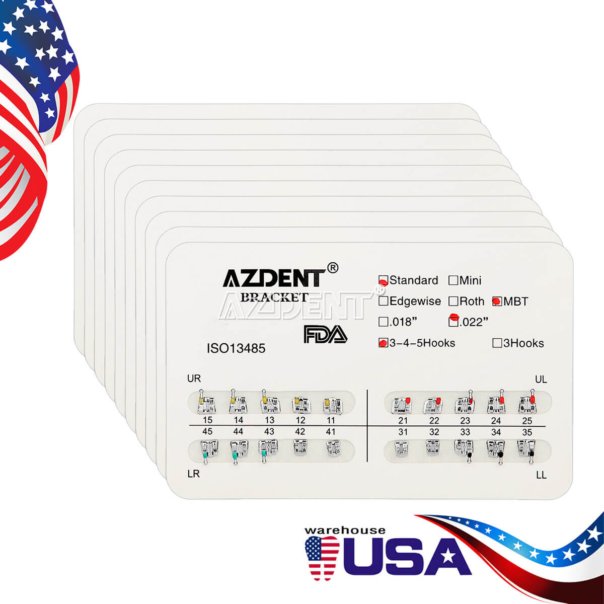 AZDENT Dental Orthodontic Metal Brackets Braces Standard MBT 022 Hooks 345/3
