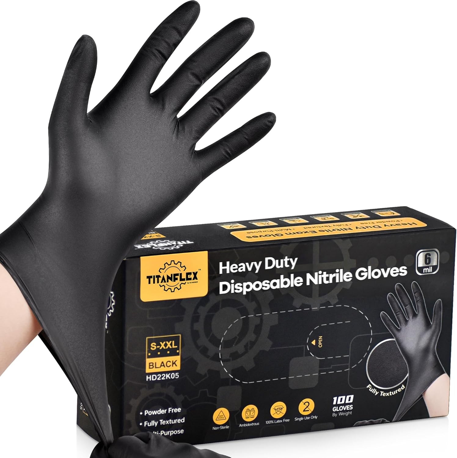 TitanFlex Heavy Duty Black Nitrile Gloves, 6 Mil, Fully Textured, Mechanic Dispo