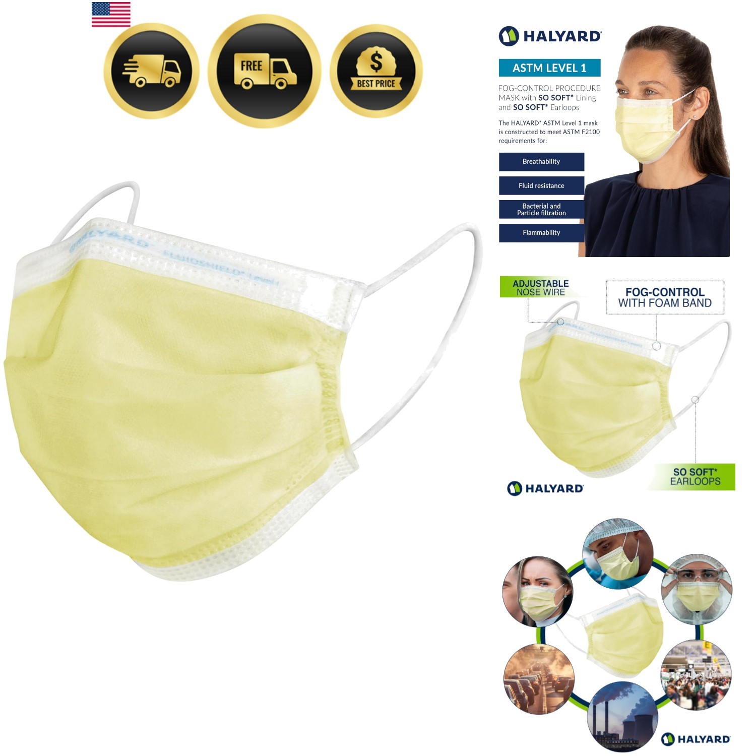 FLUIDSHIELD Level 1 Disposable Procedure Mask, With SO SOFT Lining, Yellow, B…