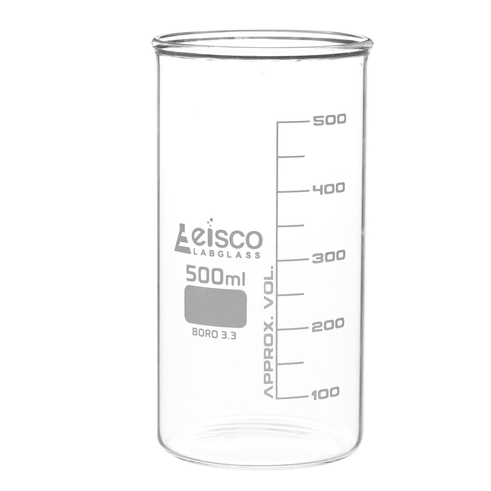 Beaker, 500mL – Tall Form, No Spout – Borosilicate Glass – Eisco Labs