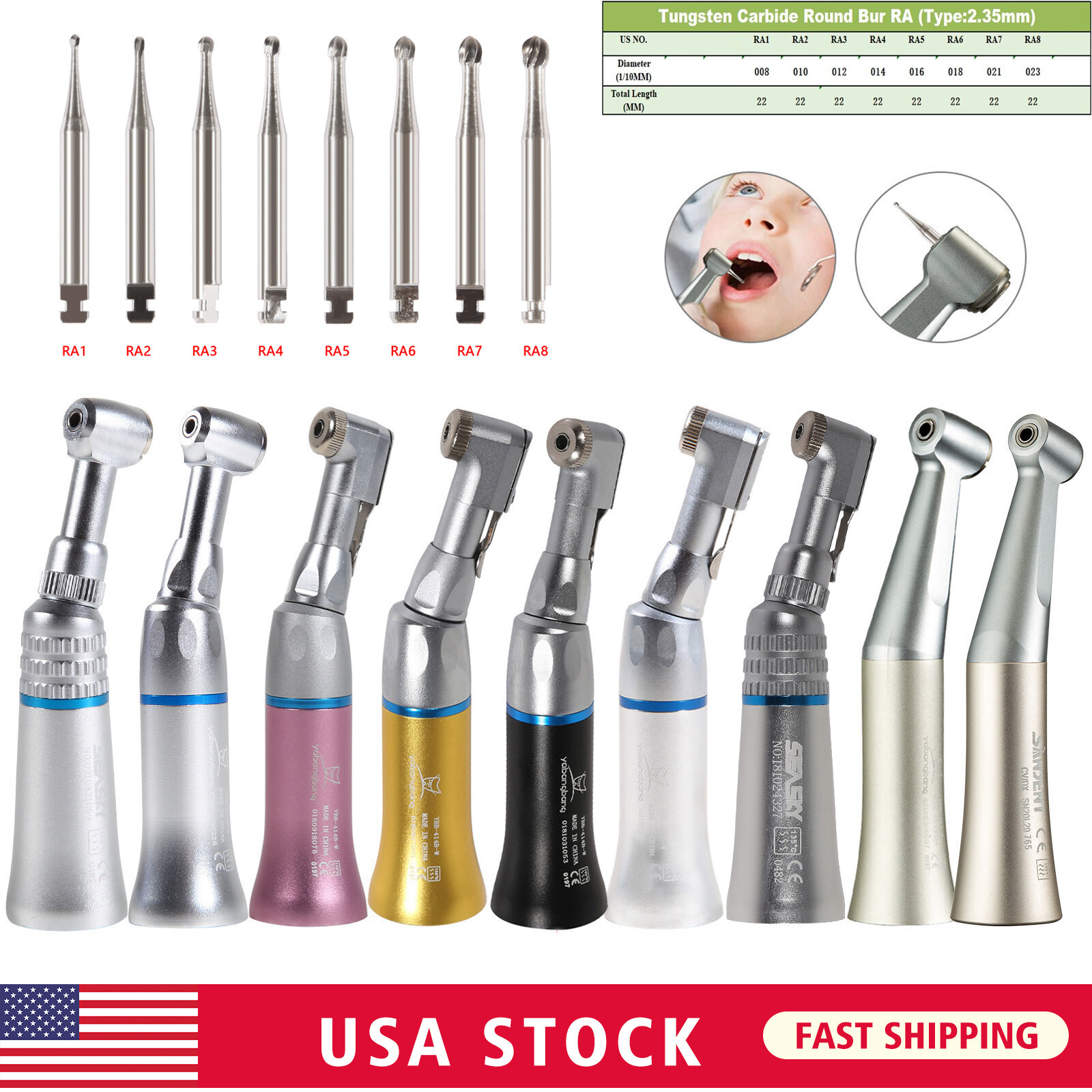 Low Speed Contra Angle Handpiece /Tungsten Steel Carbide Burs RA1-RA8 Dental