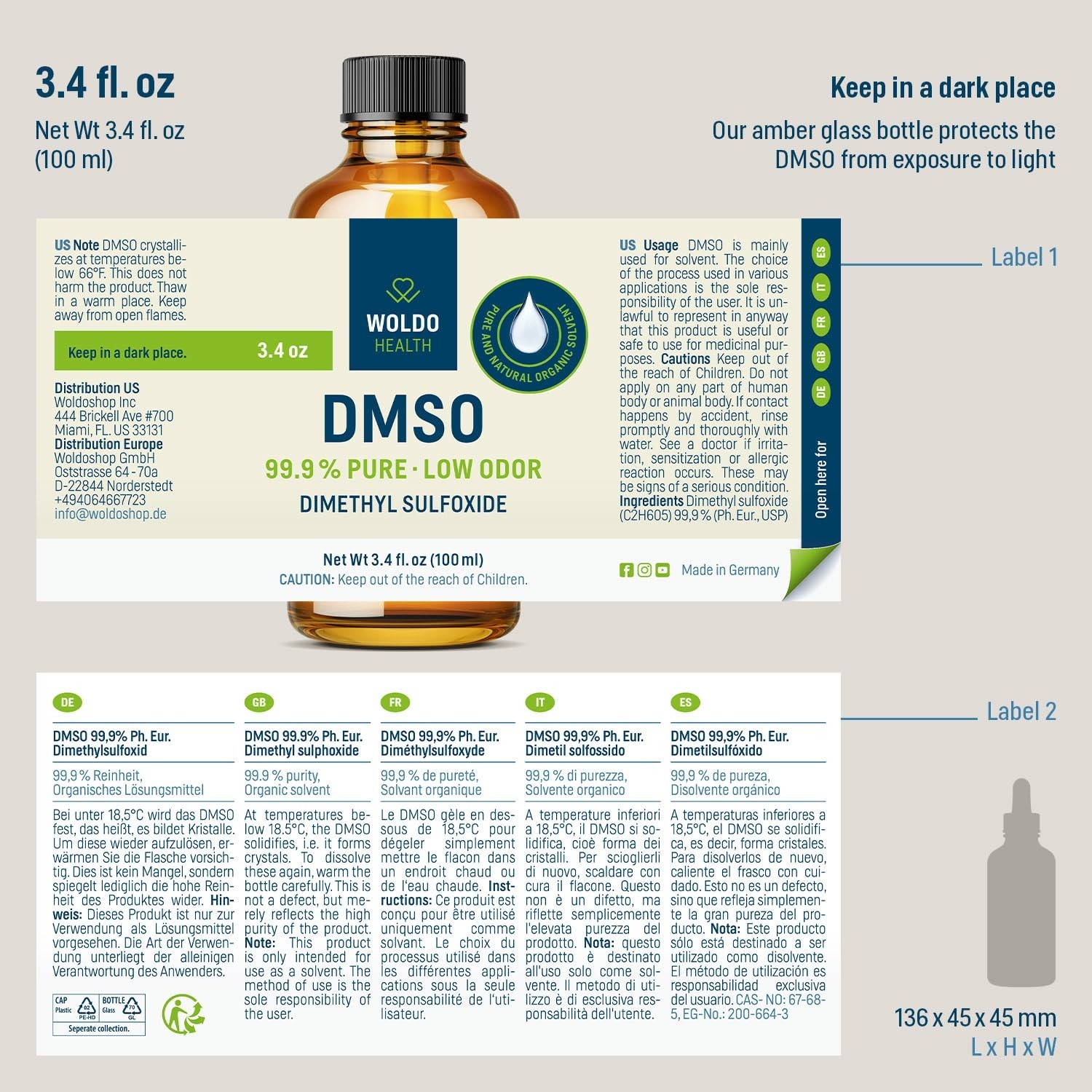 DMSO (Dimethyl Sulfoxide) 99.9% Pharmaceutical Grade 3.38Oz – Glass Bottle wi…