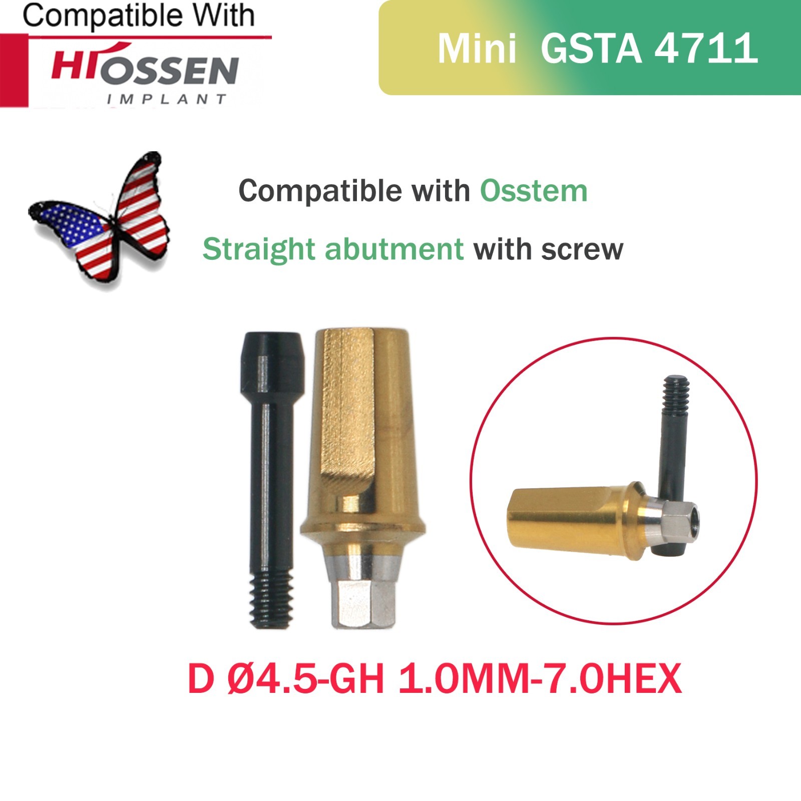 US Dental Mini/Regular Straight Transfer Hex Abutment – Fit Hiossen ET/Osstem TS