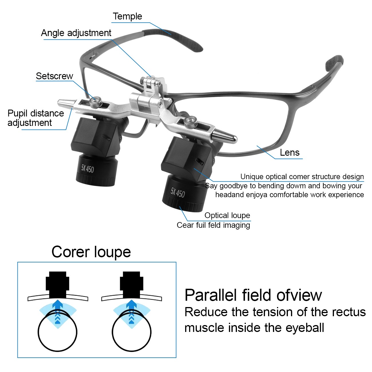 5X Dental Surgical Ergo Loupes Adjustable Working Distance Magnifying Glass US