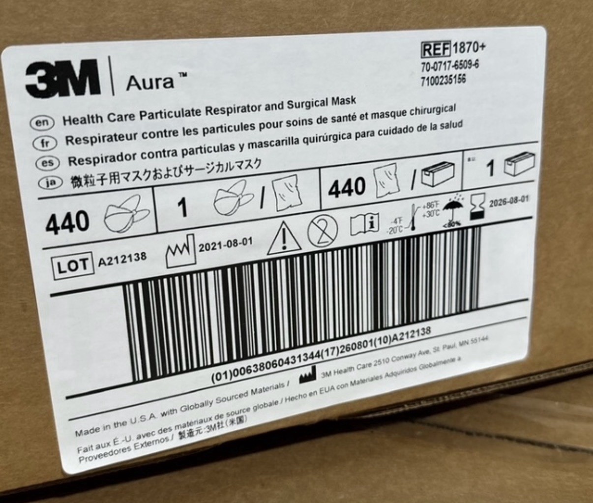 3M Aura 1870 N95 Particulate Respirator Masks Case of 440 Expiring 08/1/26