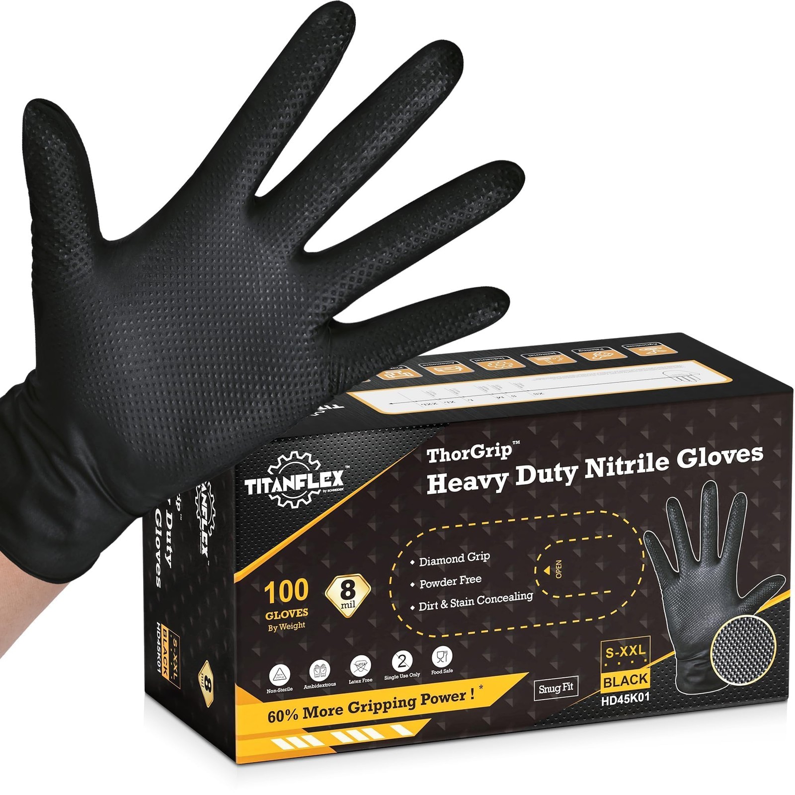 TitanFlex Heavy Duty Black Industrial Nitrile Gloves, 8mil, XL, Box of 100, L…