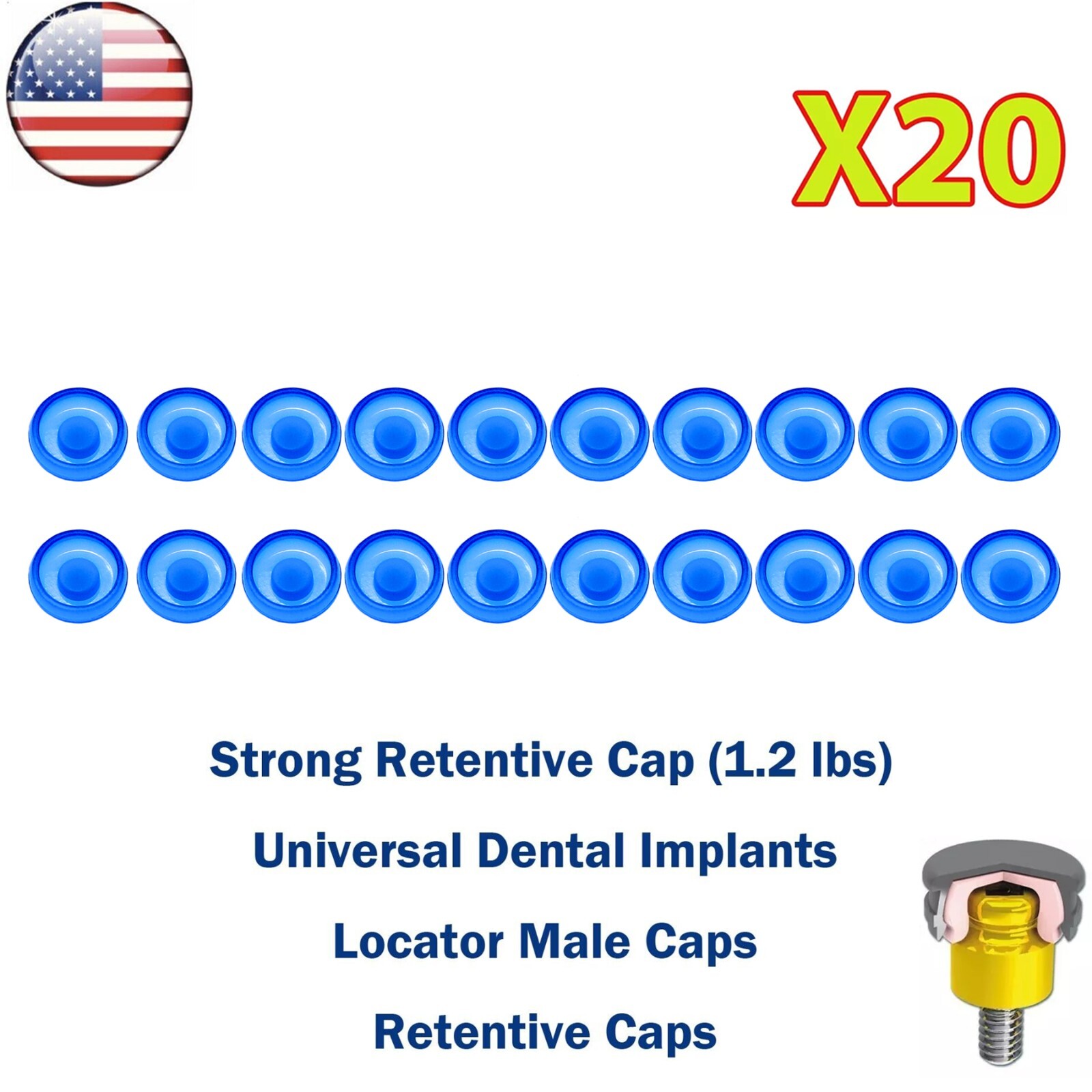 US 20Pcs Dental Overdenture Mini Retentive Caps 1.2/2.4lbs for Implants Locator
