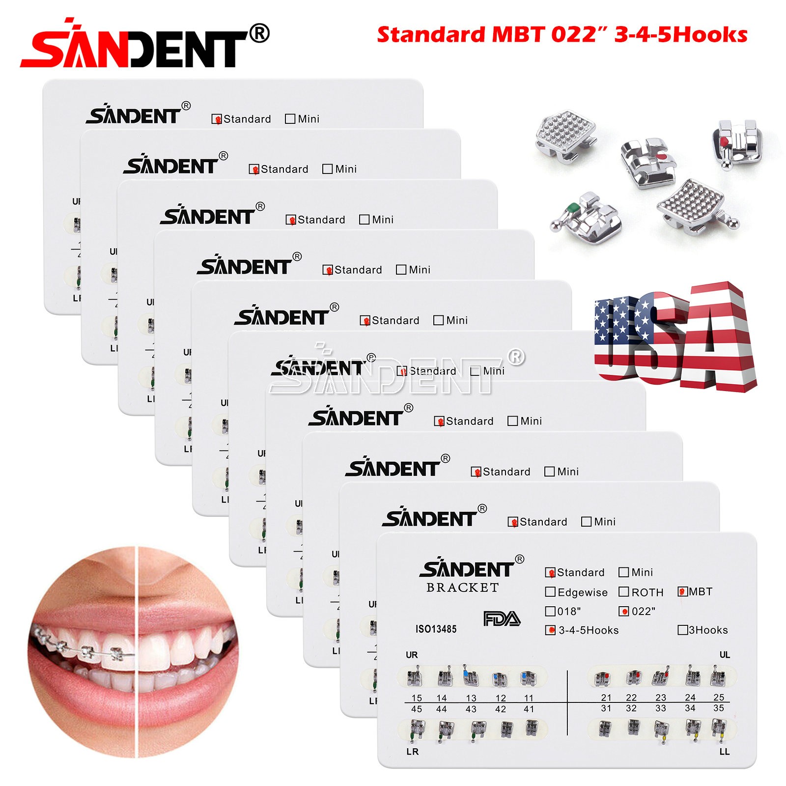 10 Packs Dental Orthodontics Brackets Braces Standard MBT 022″Slot 3 4 5 Hooks