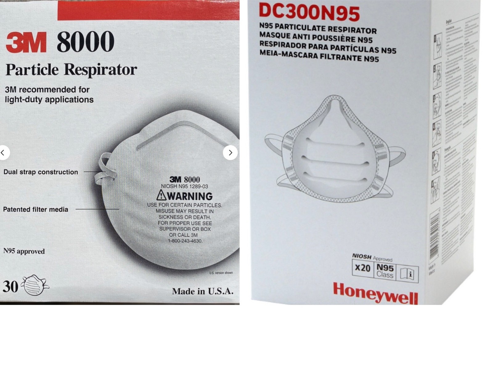 3M 8000 and Honeywell N95 Particulate Respirators Face Mask Pack DC300N95