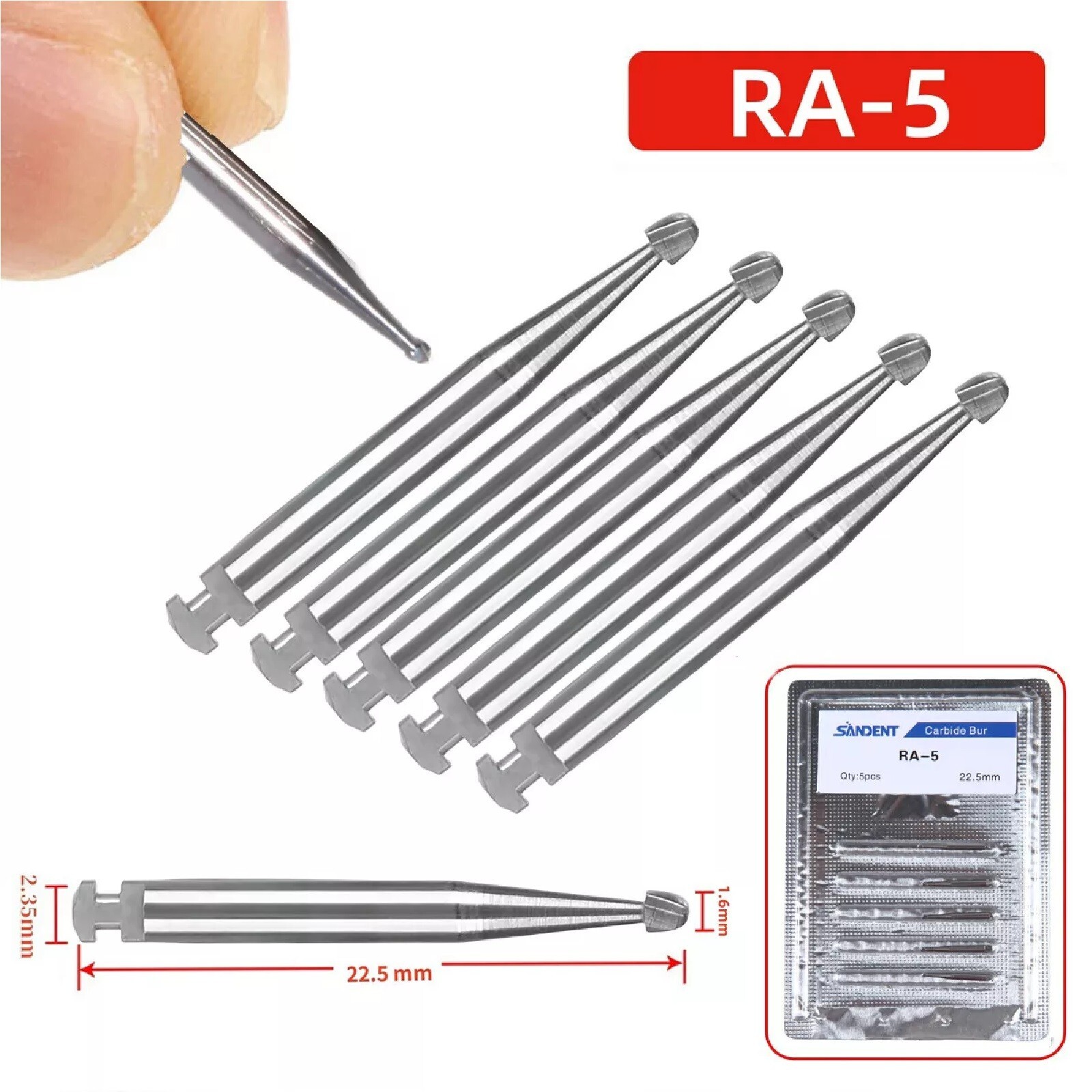 25 Pcs/5 Pack Dental 22.5mm Round Carbide Bur Slow Speed Latch Type RA5 Burs USA