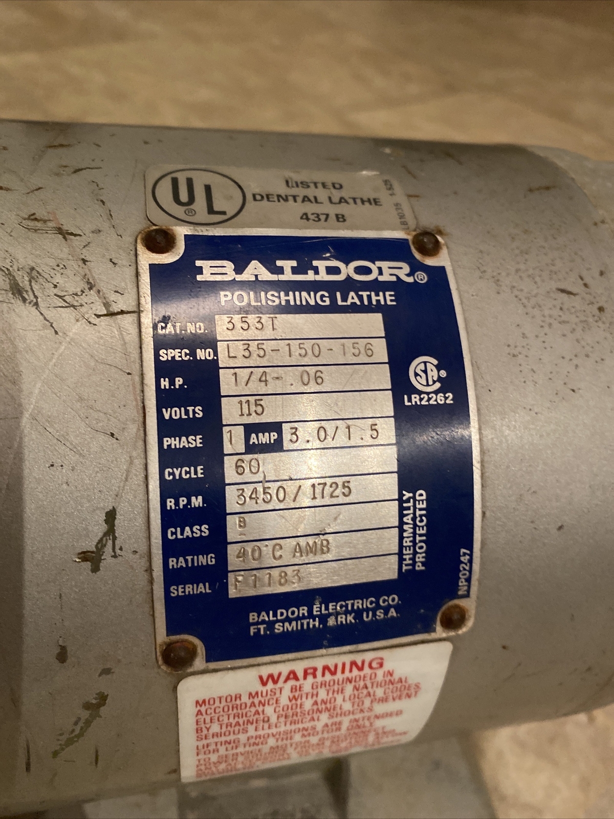 Baldor 437B Dental Polishing Lathe Two Speed 1/4 HP Cat. No. 353T 1725/3450 RPM