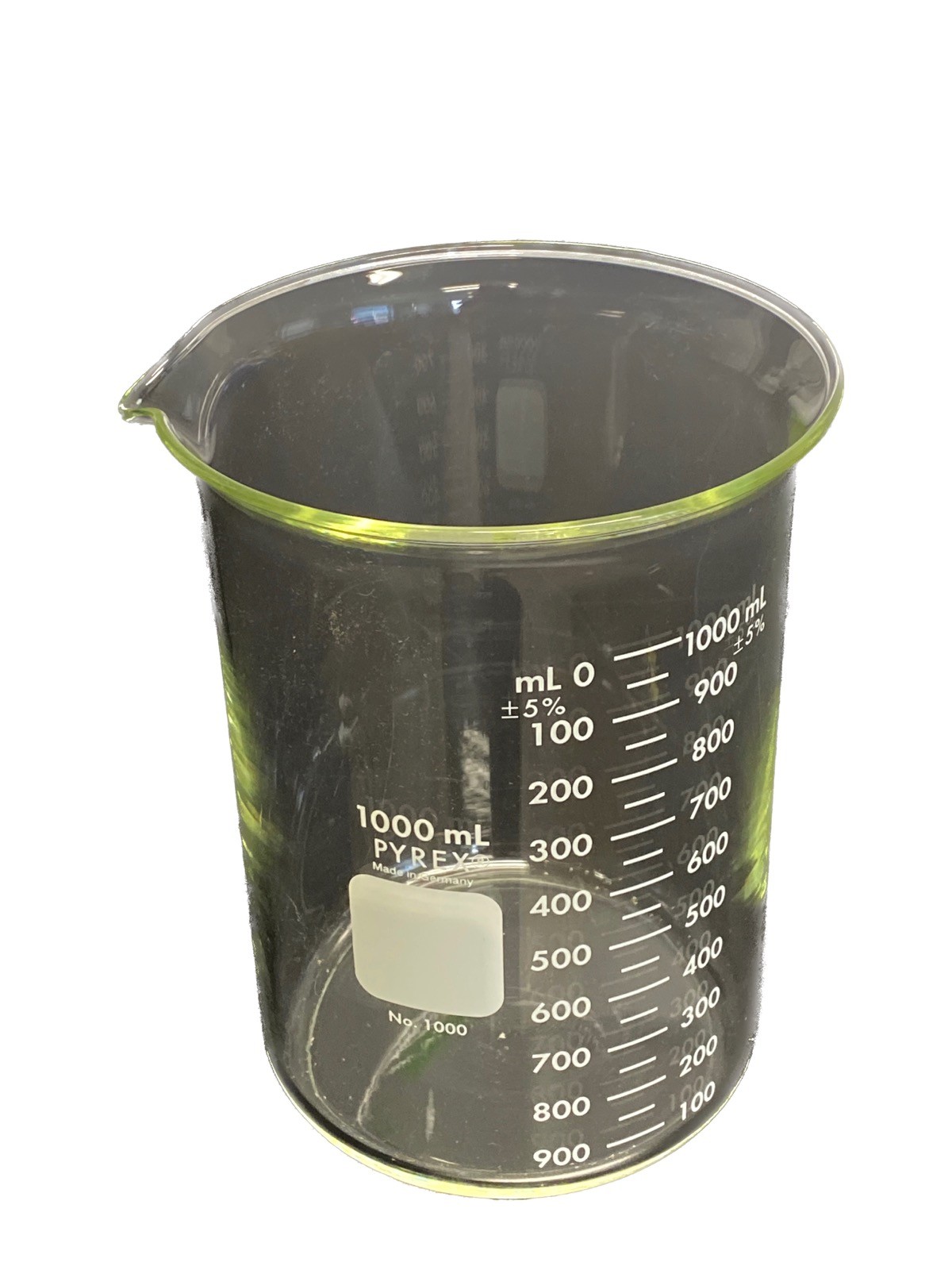 CORNING PYREX Glass 1000mL Dual Scale Graduated Low Form Griffin Beaker 1000-1L
