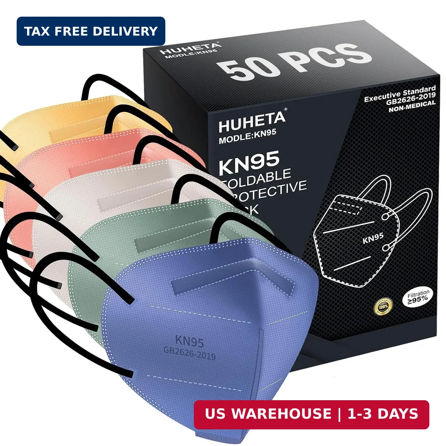 HUHETA 50 Packs KN95 Face Mask 5-Ply Breathable & Comfortable Filter Safety Mask