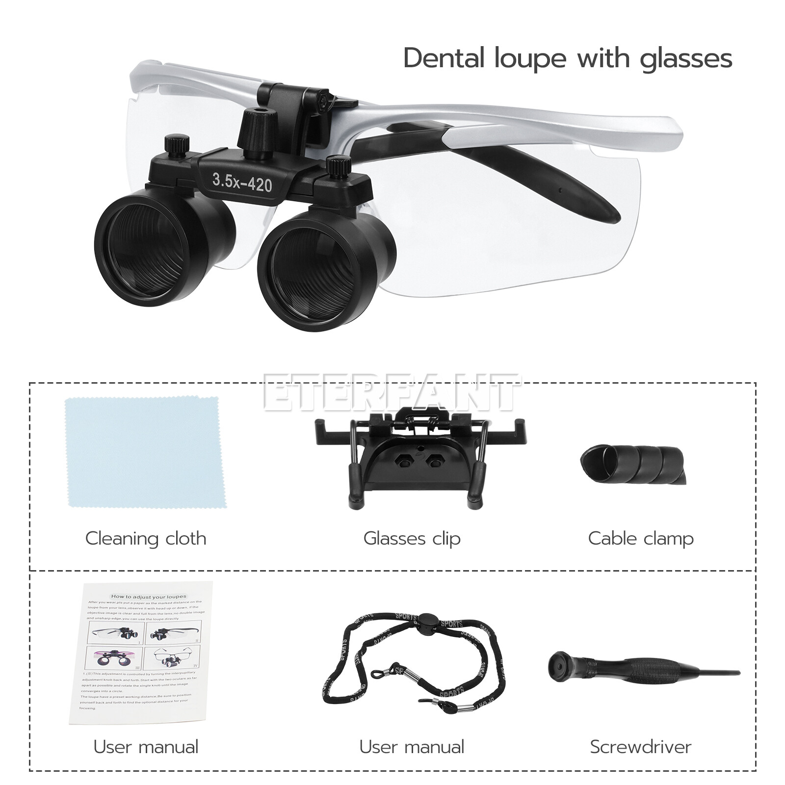 ETERFANT Dental Surgical Binocular Magnifier Loupes High-Definition 3.5X Silver