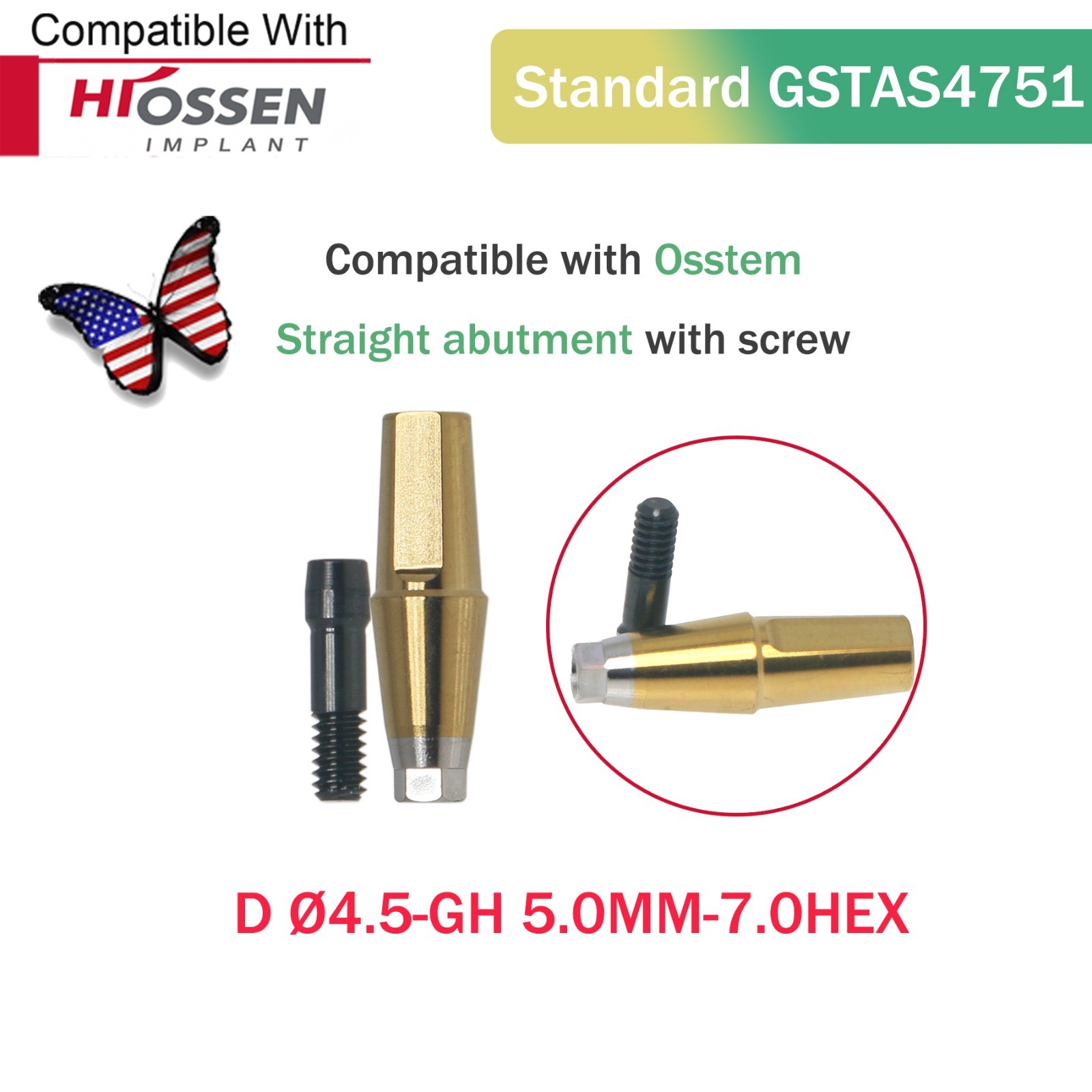 US Dental Mini/Regular Straight Transfer Hex Abutment – Fit Hiossen ET/Osstem TS