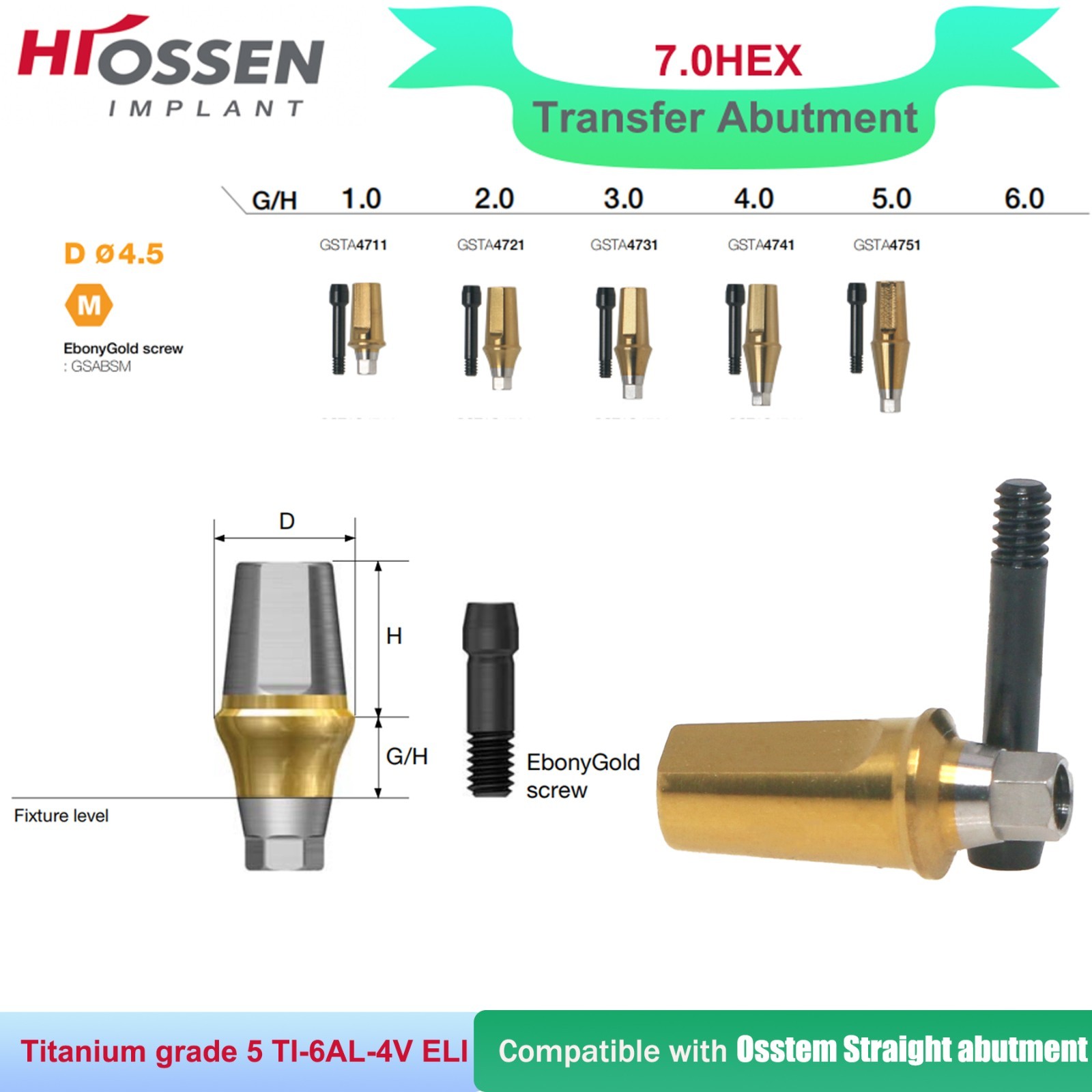 US Titanium Straight Transfer Hex Abutment Fit Hiossen ET/Osstem TS Mini/Regular