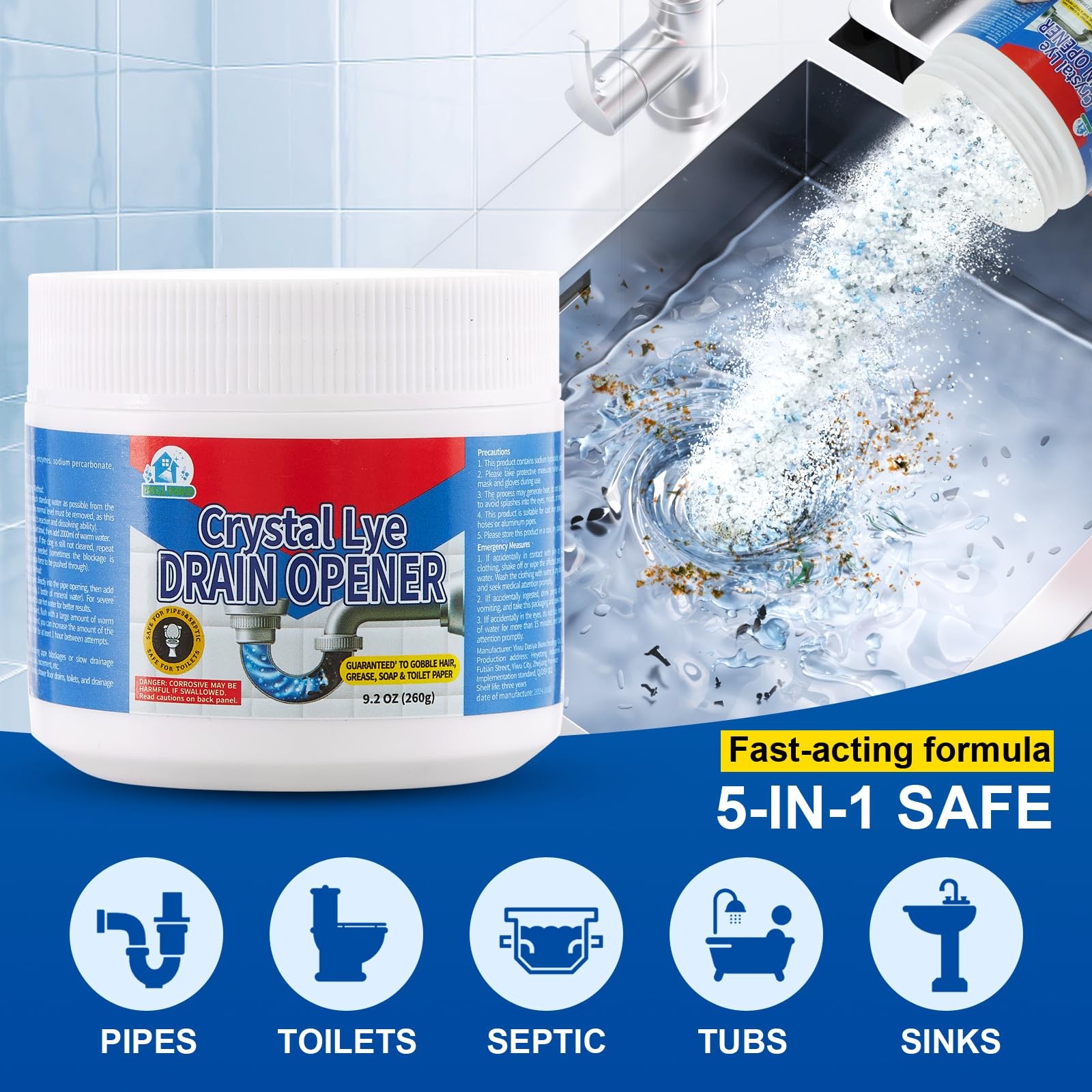 BELL BIRD Drain Opener,Powerful Unclogging,Crystal lye, Sodium 1 PSC