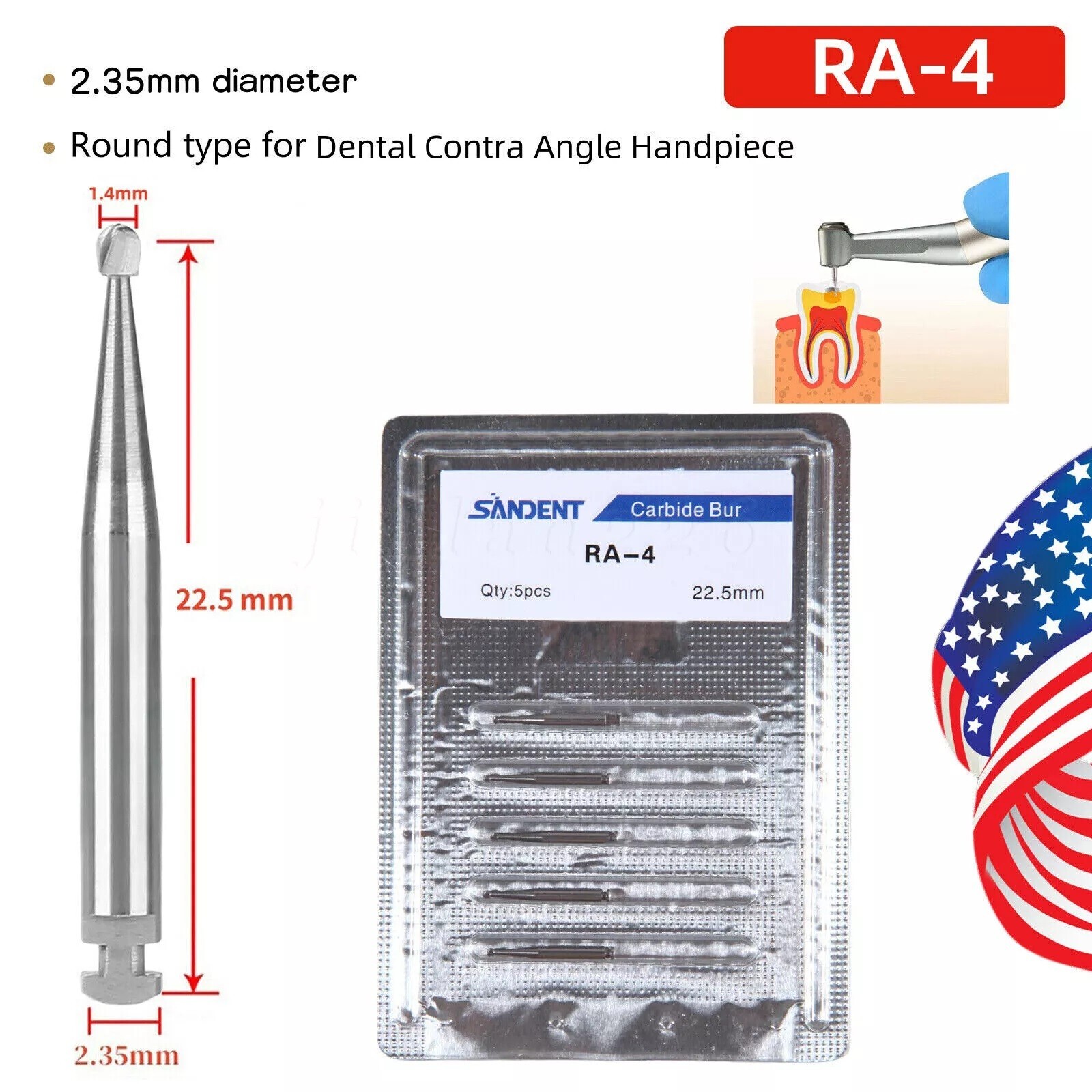 25 Pcs/5 Pack Dental 22.5mm Round Carbide Bur Slow Speed Latch Type RA4 Burs USA