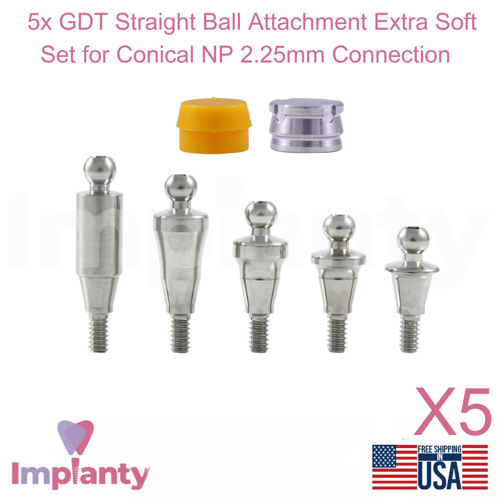 5x Dental Straight Ball Attachment Extra Soft Set Conical Connection NP 2.25mm