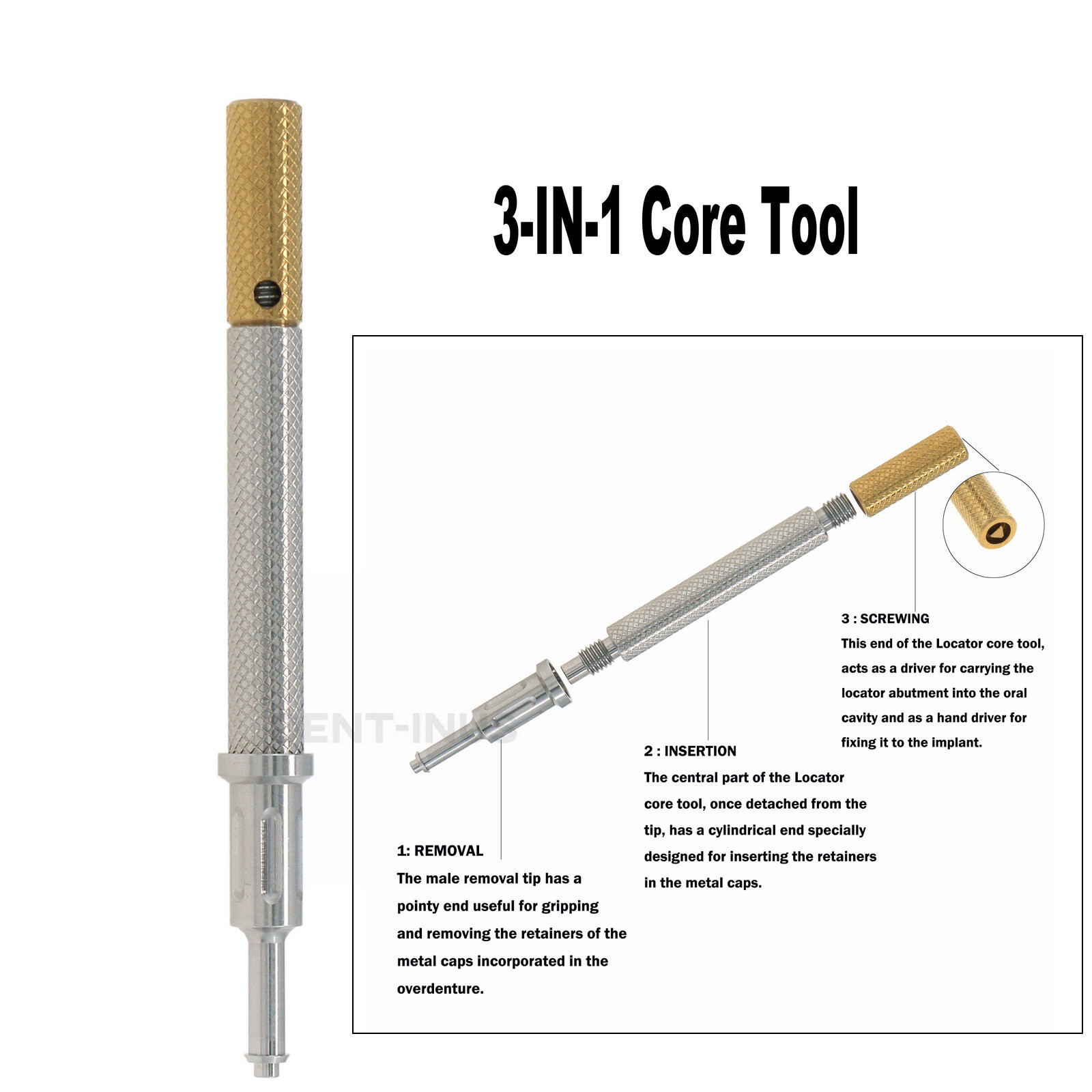 Universal Dental Locator Core Tool 3 in 1 Metal Carry Place Remove Insert