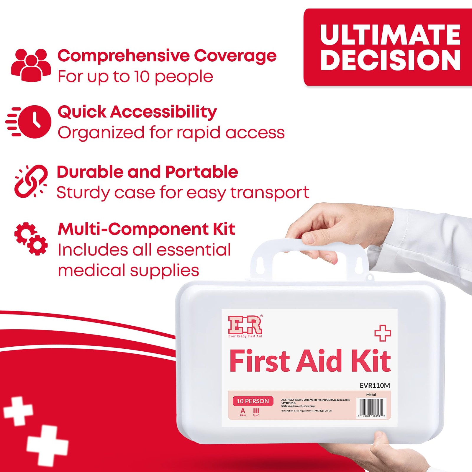 Ever Ready First Aid 10 Person Kit with Plastic Case, Type White