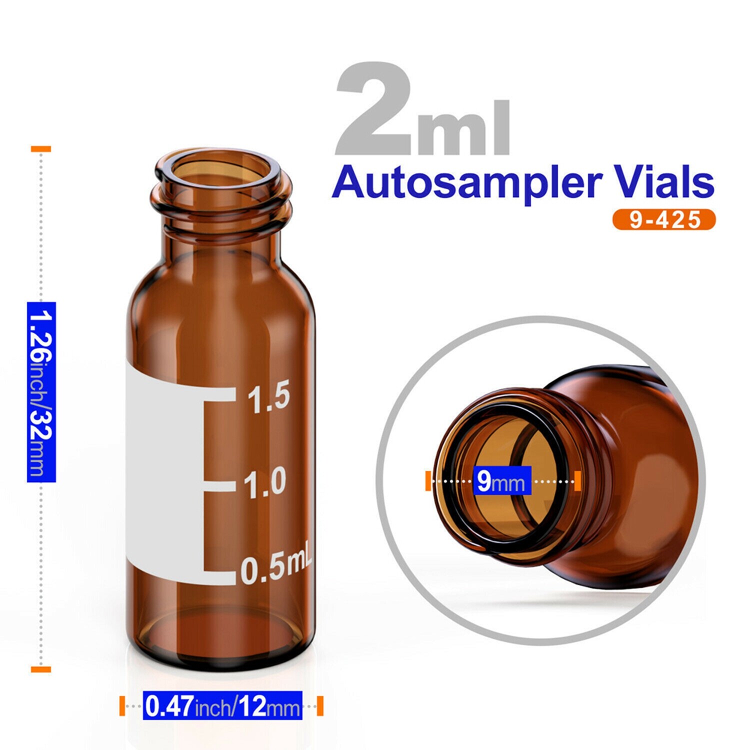 100PCS 2ml HPLC Autosampler Clear/Amber Vials 9-425 Screw Cap Vial Inserts 250uL