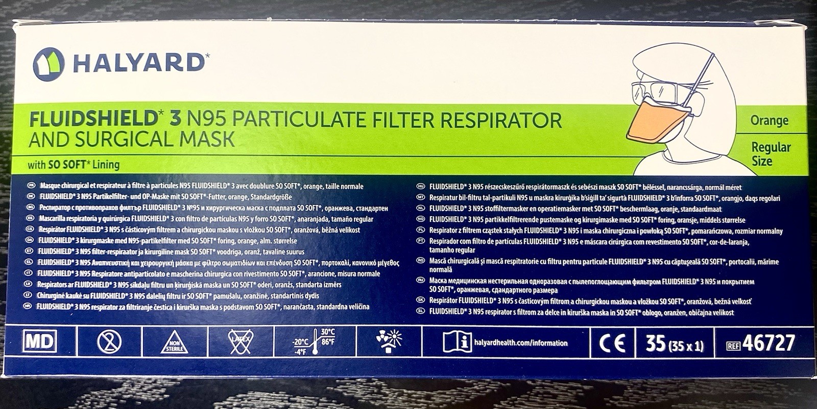 Halyard Fluidsheild N95 Surgical Face Masks- ASTM Level 3, Regular size 35ct.