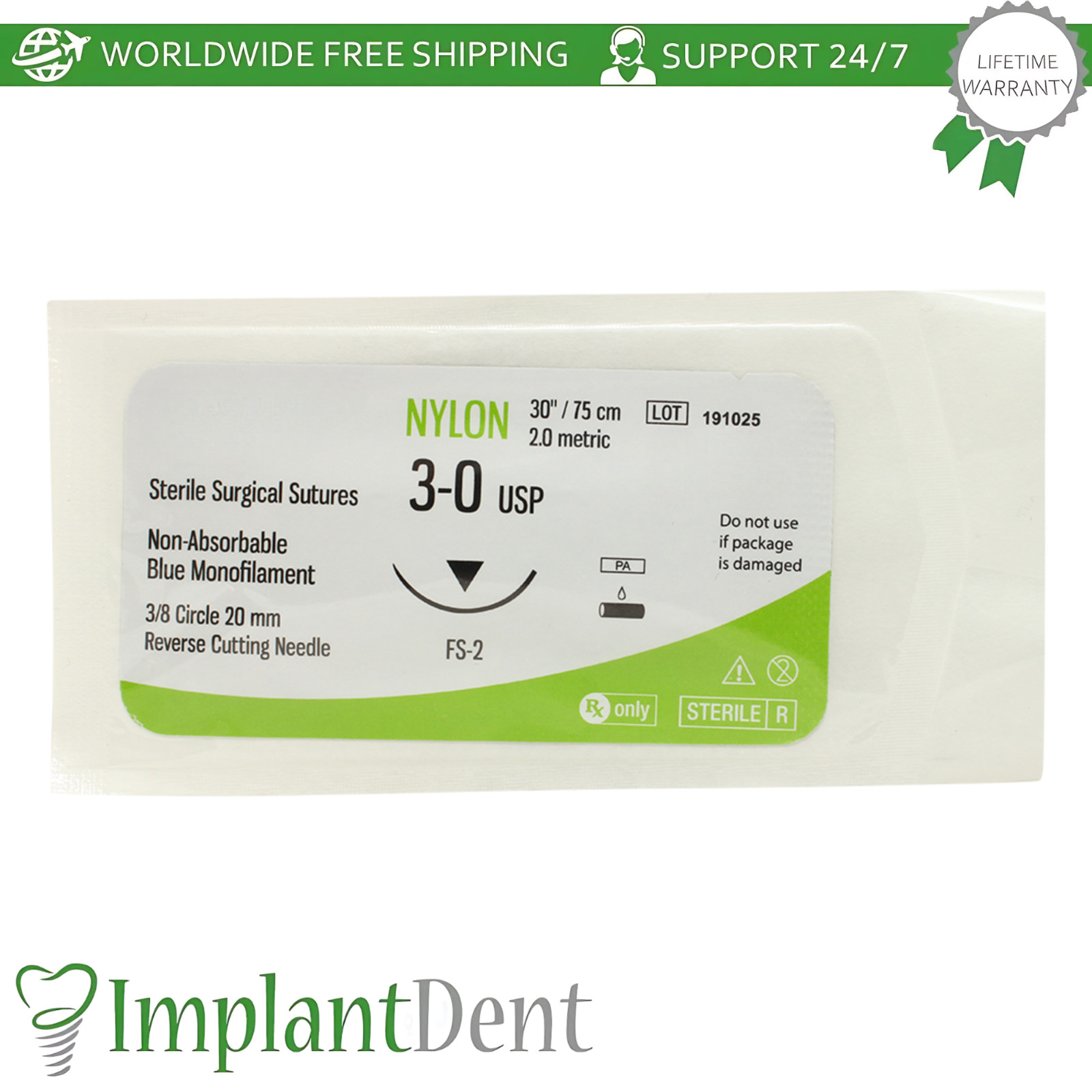 X5 Mon0fiIament Nylon Dental Thread SteriIe 75cm 12pcs 3/8 Circle 20.0mm Reverse