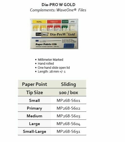 DiaDent Dia-PRO W Gold Paper Point MM Marked All Size WAVE ONE GOLD Style 100/pk