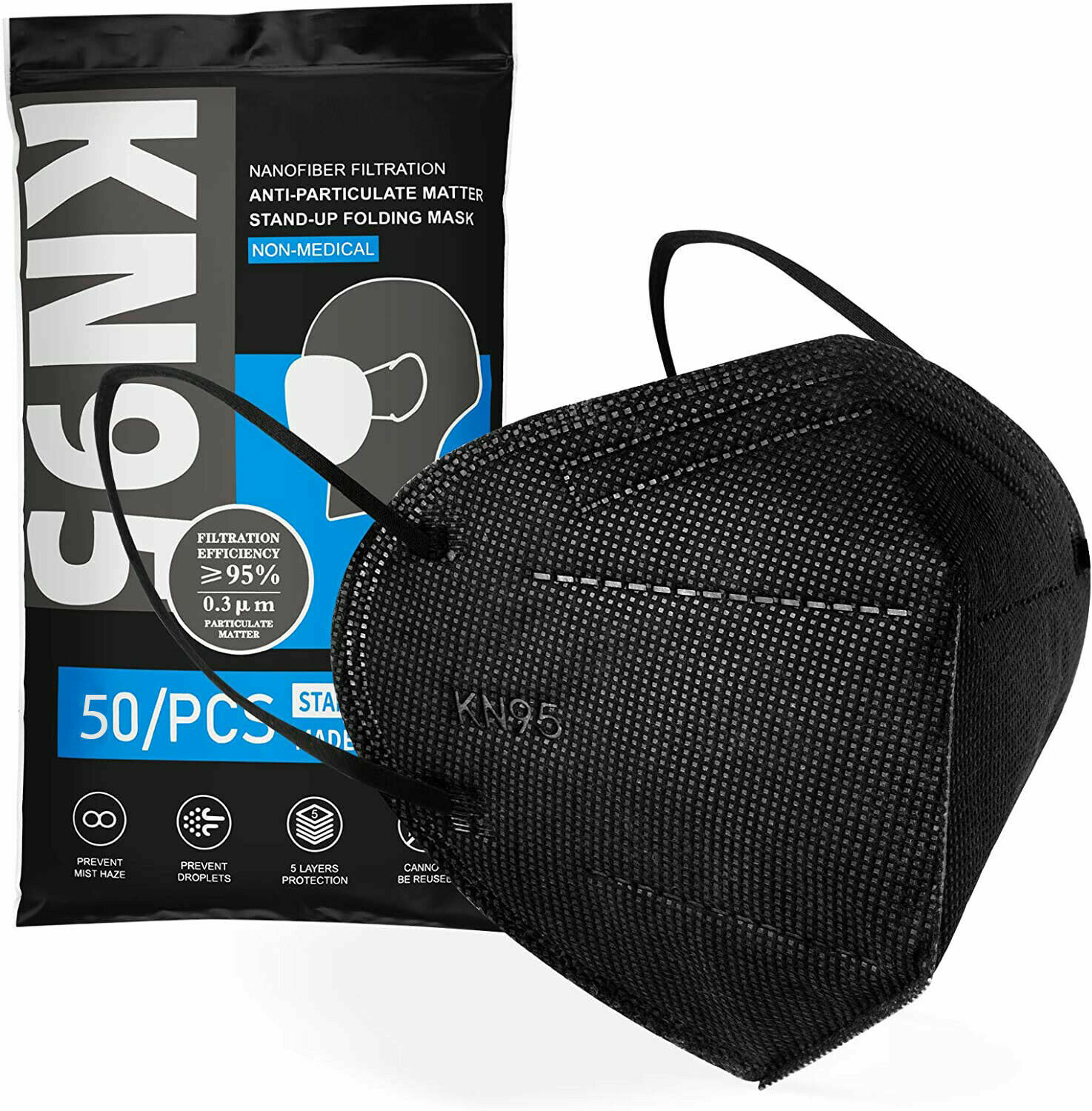 50/100 Pcs Black KN95 Protective 5 Layer Face Mask BFE 95% Disposable Respirator