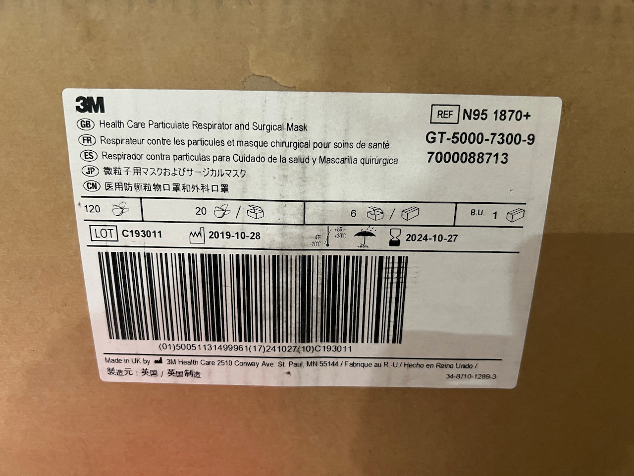 3M Aura 1870+ N95 Particulate Respiratory & Surgical Masks – Case of 120