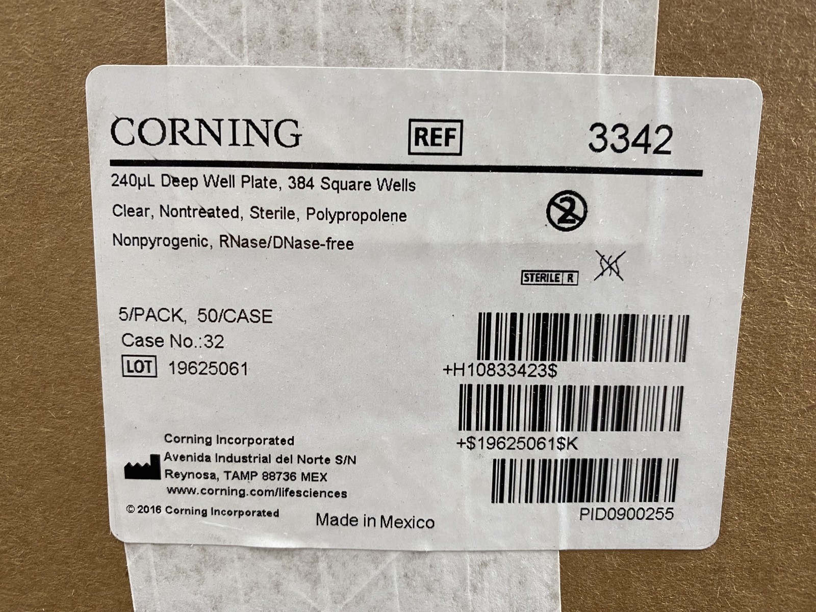 CORNING 240uL 384-Well Clear V-Bottom PP Deep Square Sterile Plate 3342 (50/Cs)