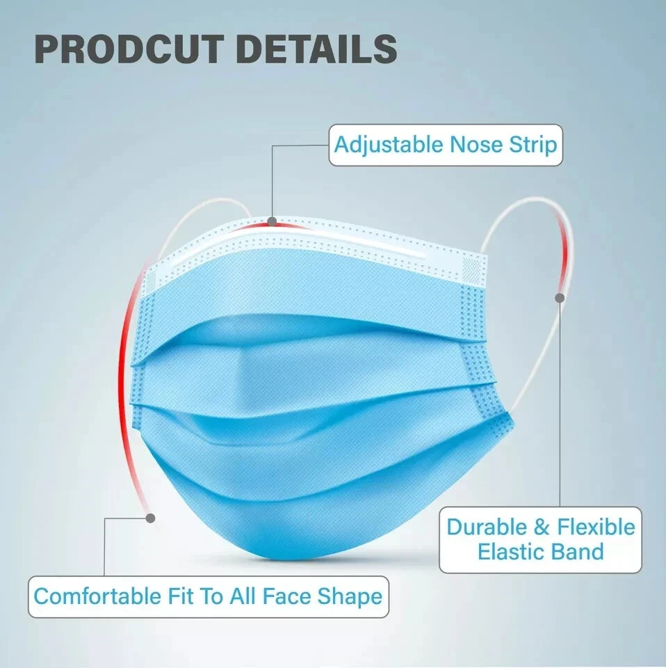 Set of 2 boxes (100 Pcs total) Disposable 3 Layer Face Protective Mask Blue Mask