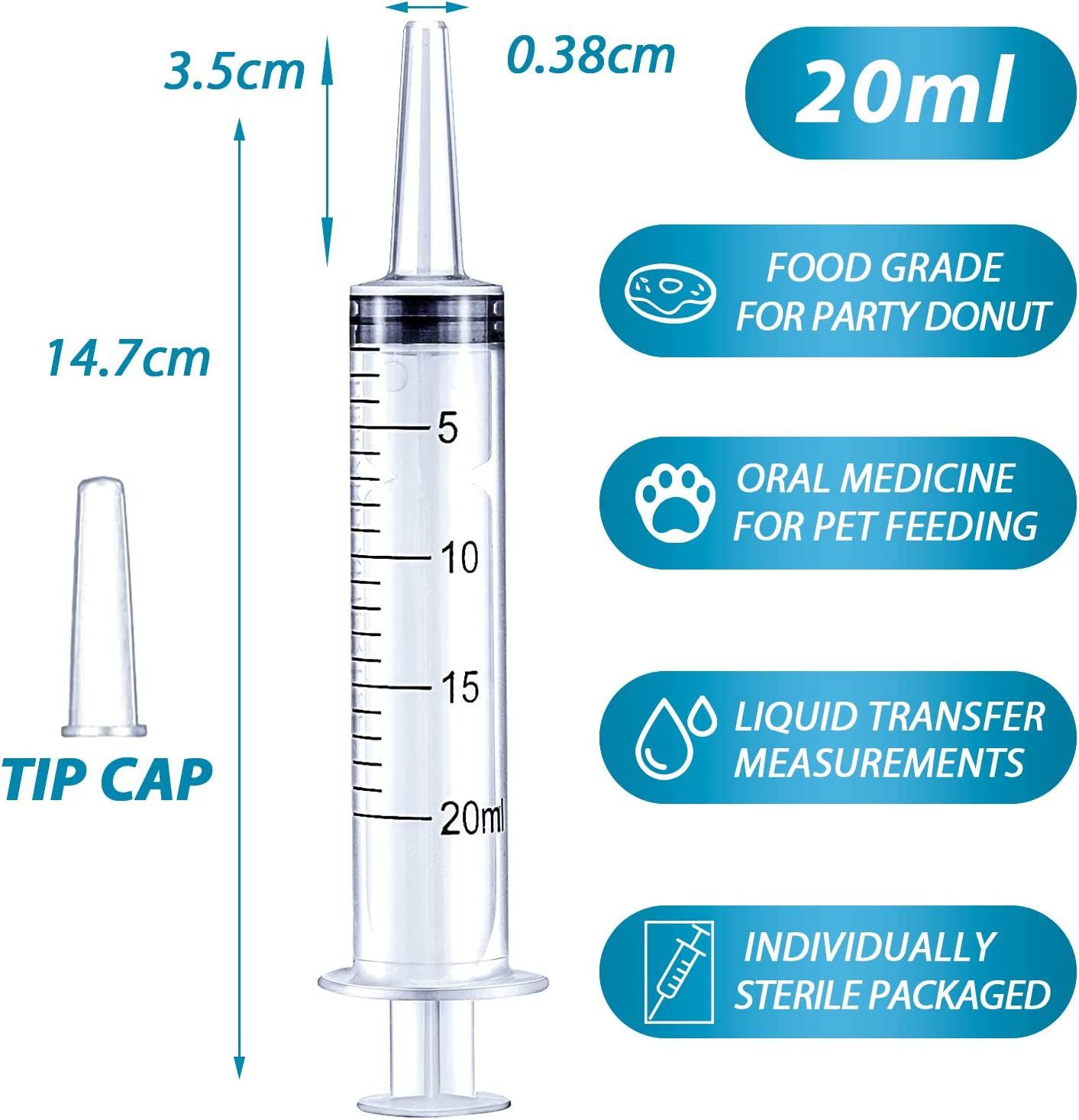 20ml Syringe for Liquid Oral Scientific Labs Measurement Cap- 3 Pack 20ml