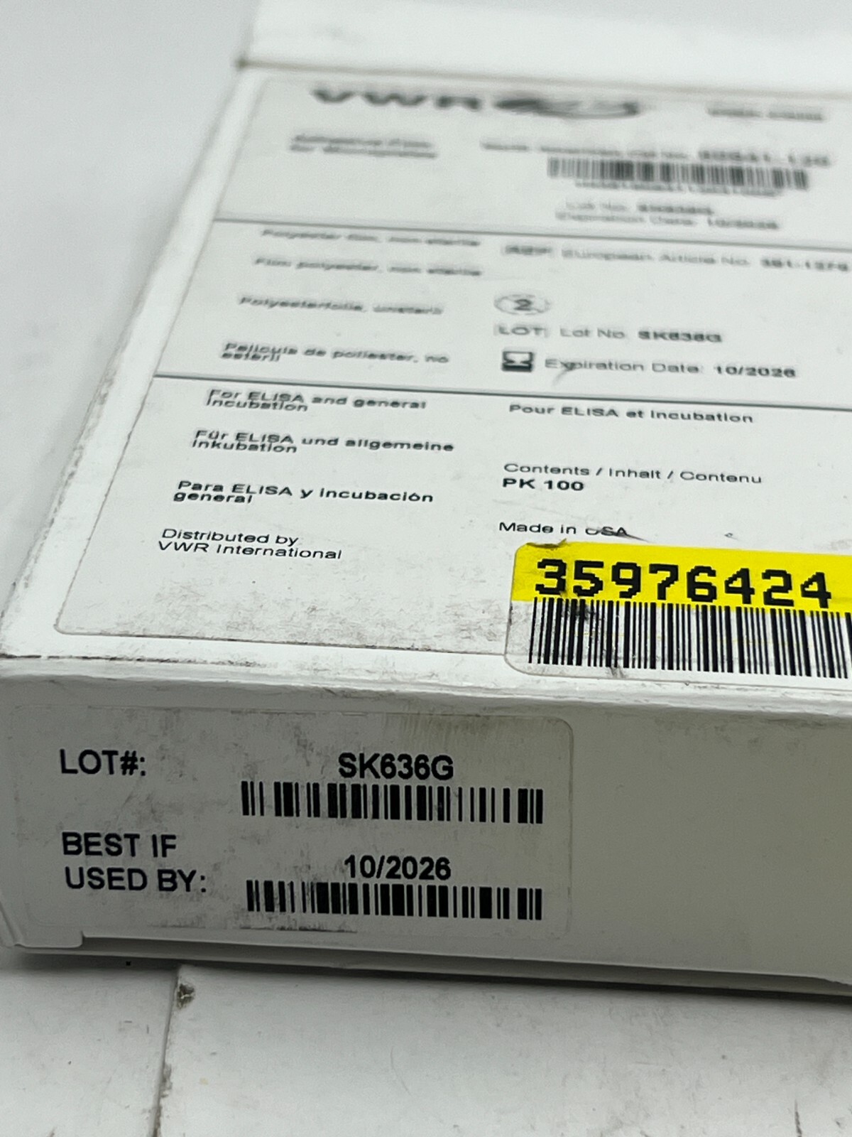 Pack of 100 VWR Adhesive Film 60941-120 for Microplates Polyester Non-Sterile