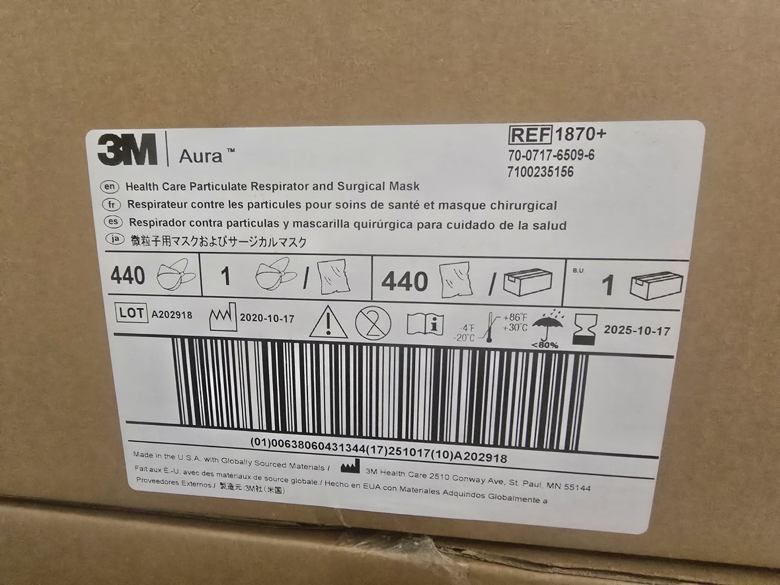 Case of 440 3M Aura 9205+ N95 NIOSH Approved individually sealed Masks