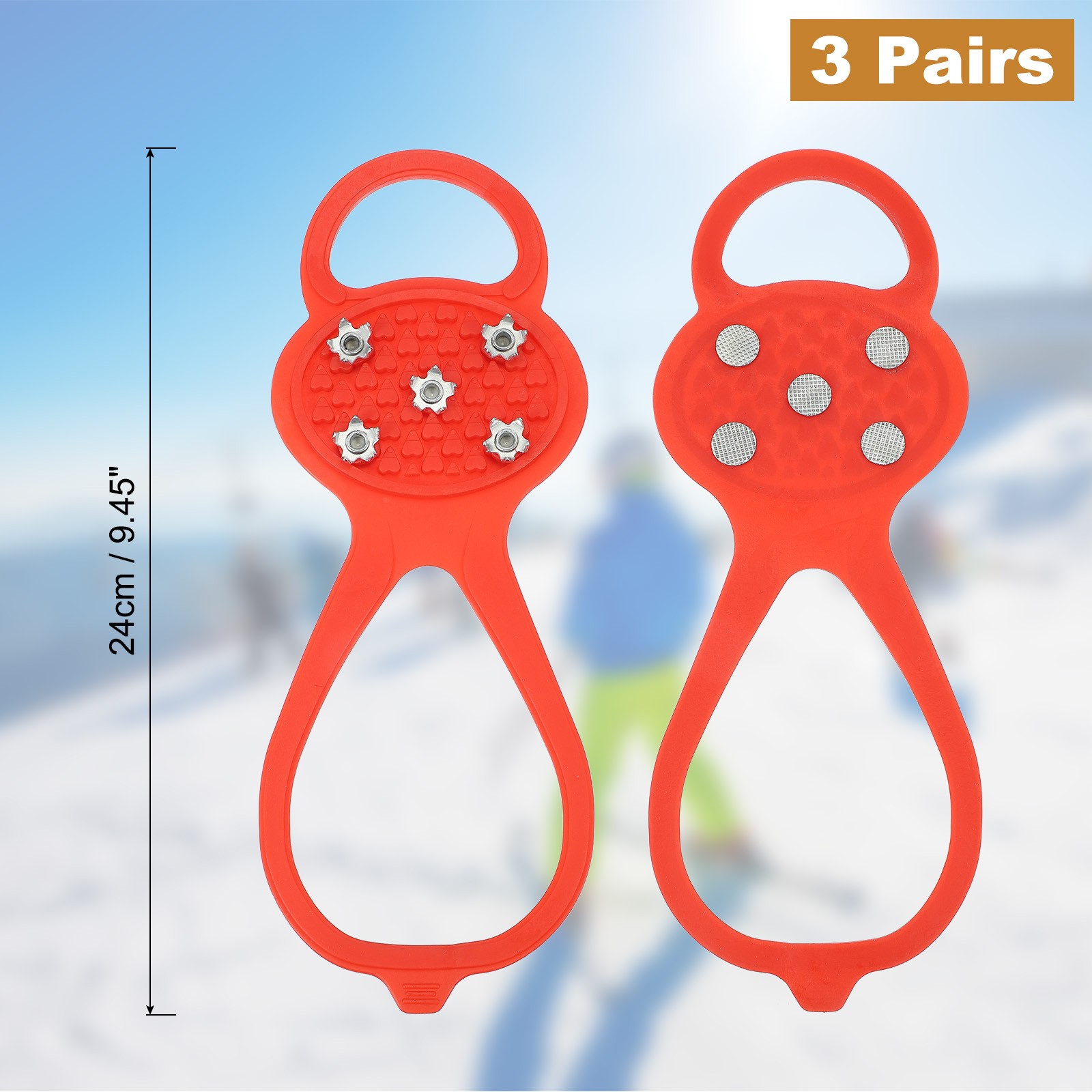 3 Pcs Non-Slip Spikes, 5 Tooth Steel Nails Ice Cleats, Red Size-M