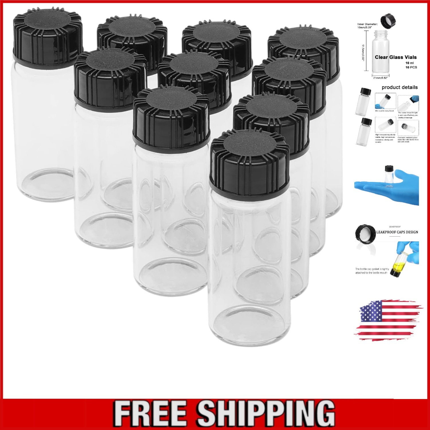 10 Pack Transparent 10ml Glass Vials with Airtight Screw Caps for Essential Oils