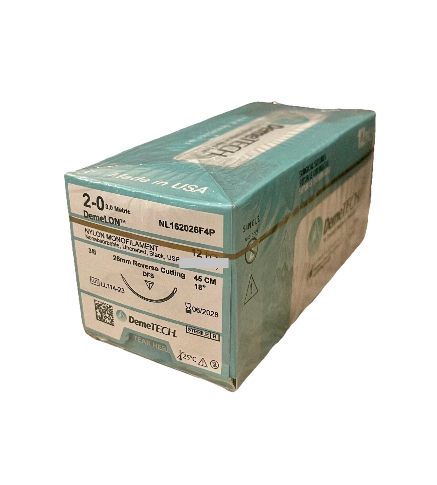 2-0 USP Nylon Surgical Sutures 18” 26mm Reverse Cutting 3/8c EXP 06/2028 12ct