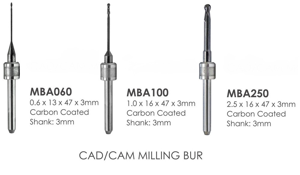 Milling Burs – Carbon Coated – Amann Girrbach CAD/CAM – 3mm Shank – 3 Sizes