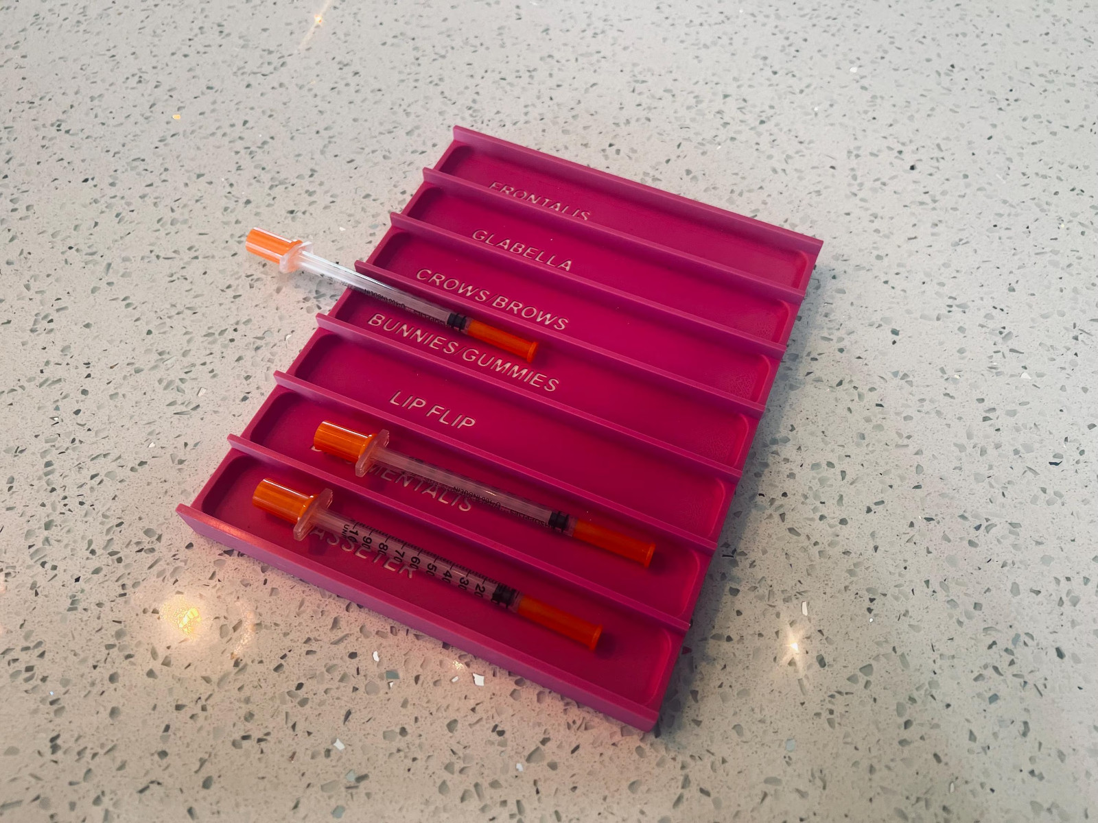 Labeled Syringe organizer for medical clinics, 3D printed, 7-Slot