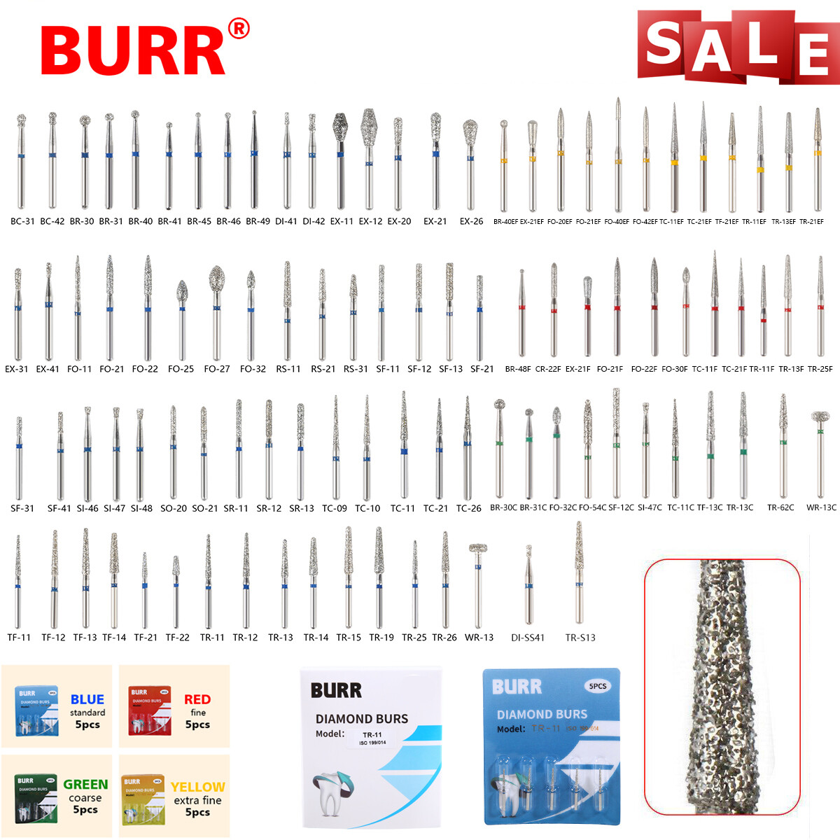 97Types Dental Diamond Burs FG 1.6mm for High Speed Handpiece 5Pcs/pack Drill ns