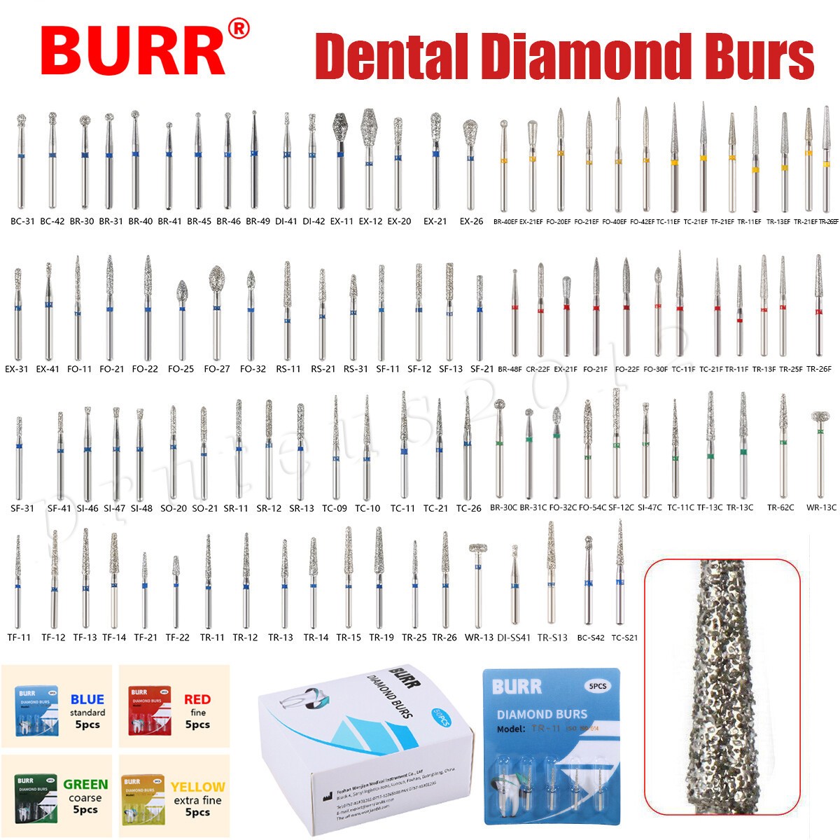 100 Types Dental FG Diamond Burs For High Speed Handpiece Friction Grip 50pcs