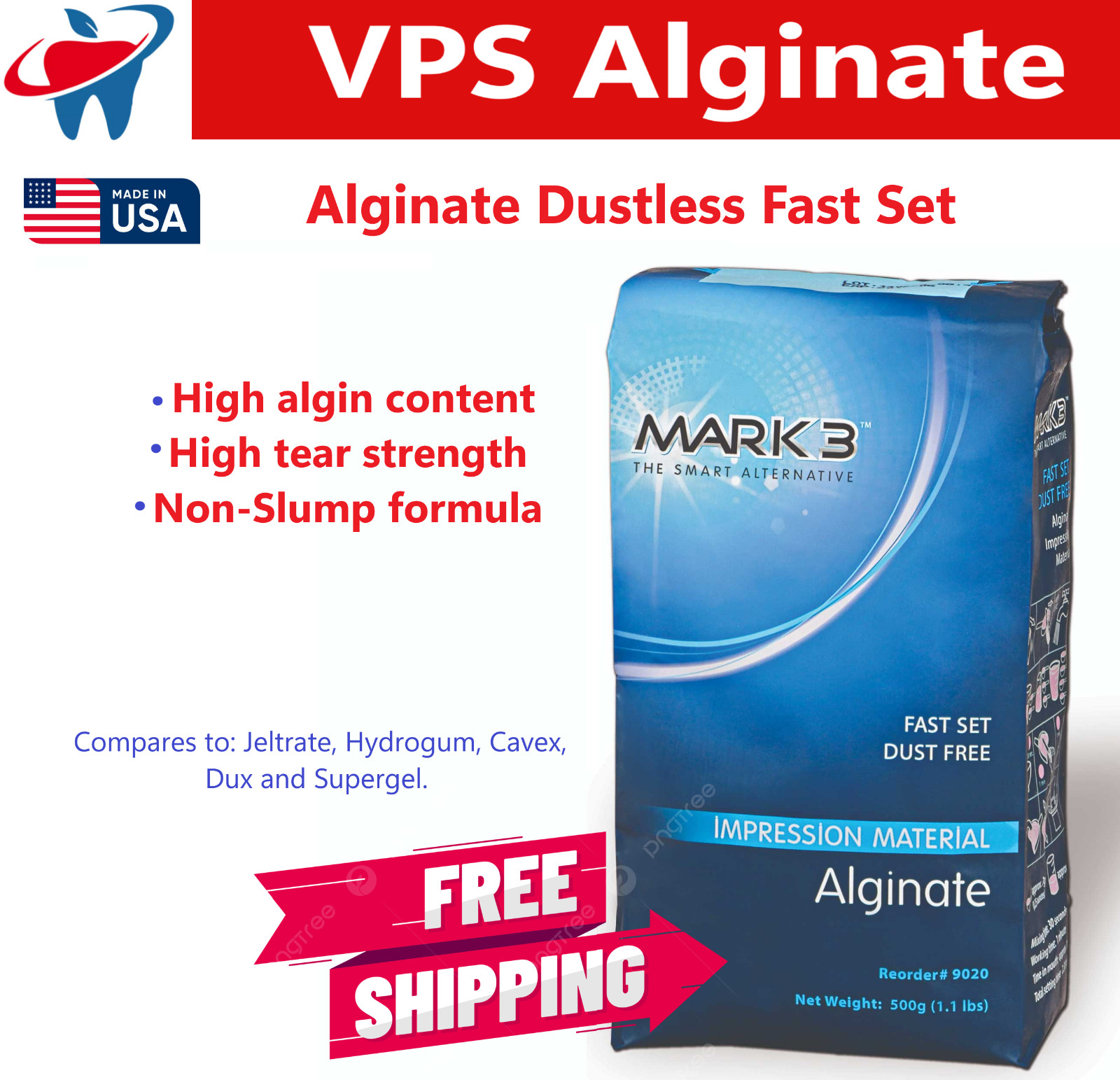 Dental Alginate Impression Material Dustless Fast Set, 3 Bags (1.1lb per Bag)